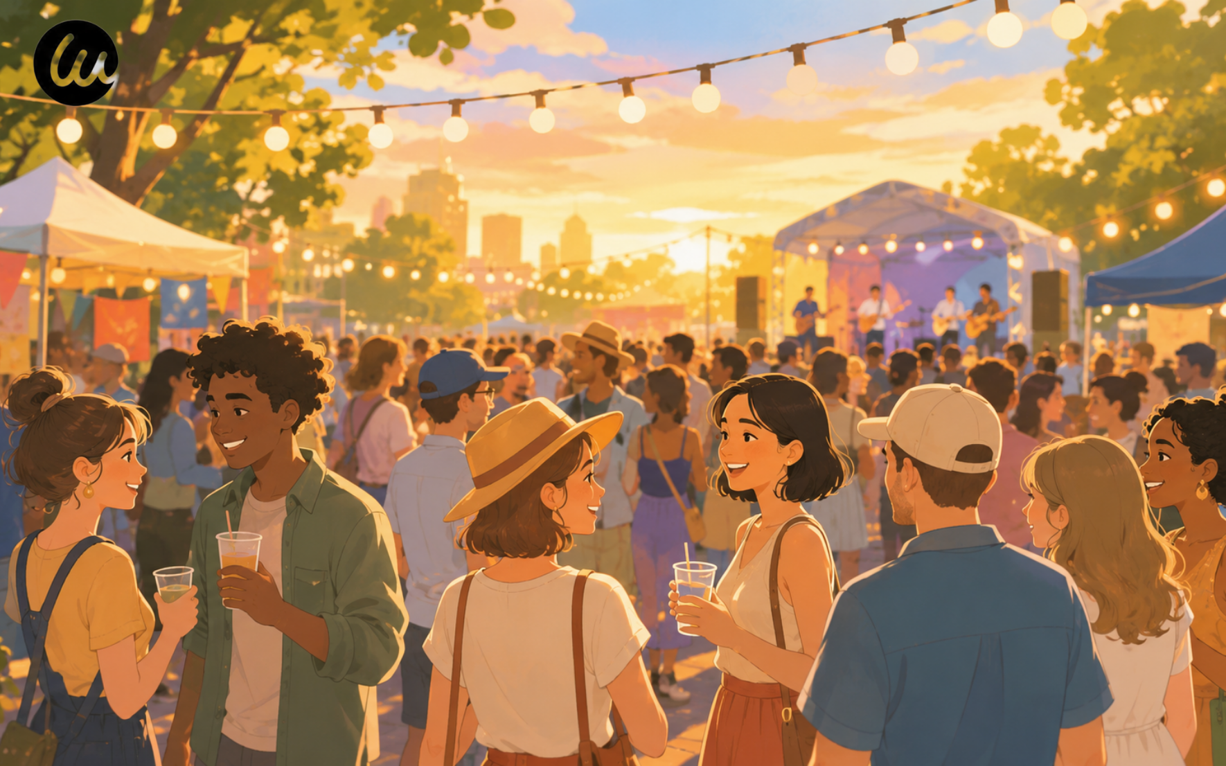 A vibrant outdoor festival scene at golden hour, colorful string lights strung above a happy crowd, warm amber and teal color tones, candid and lively atmosphere, no text in image, 236:147.5 aspect ratio