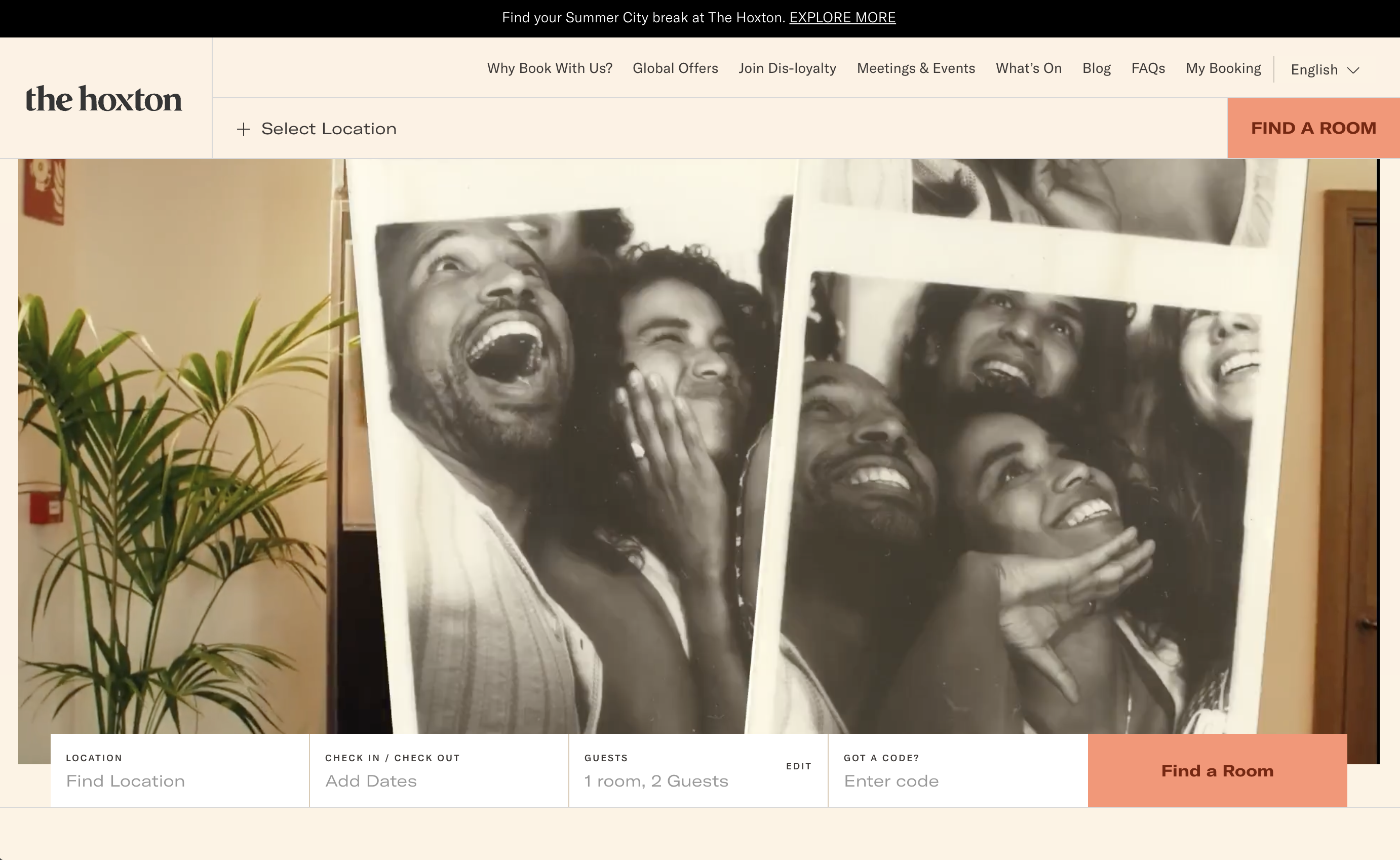 The Hoxton hotel homepage hero section, full booking navigation menu, retro photo booth print background of joyful guests, location and date booking search form, peach Find a Room button