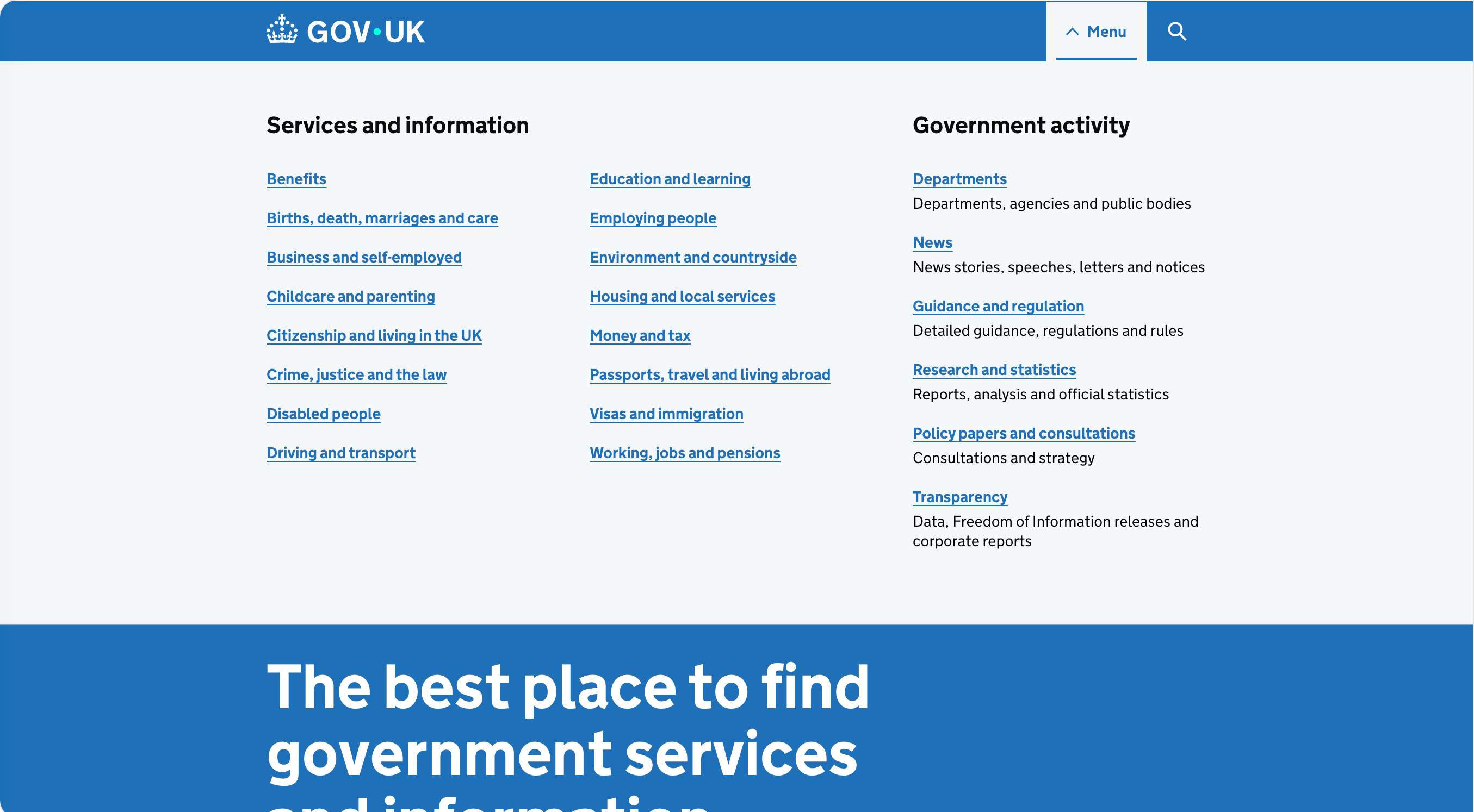 GOV.UK网站导航示例 GOV.UK网站导航示例