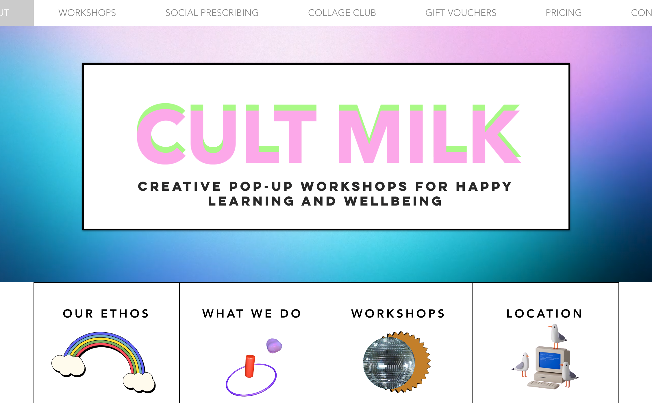 Cult Milk homepage with animated GIF hero and colorful workshop photography showing people participating in collage and art activities