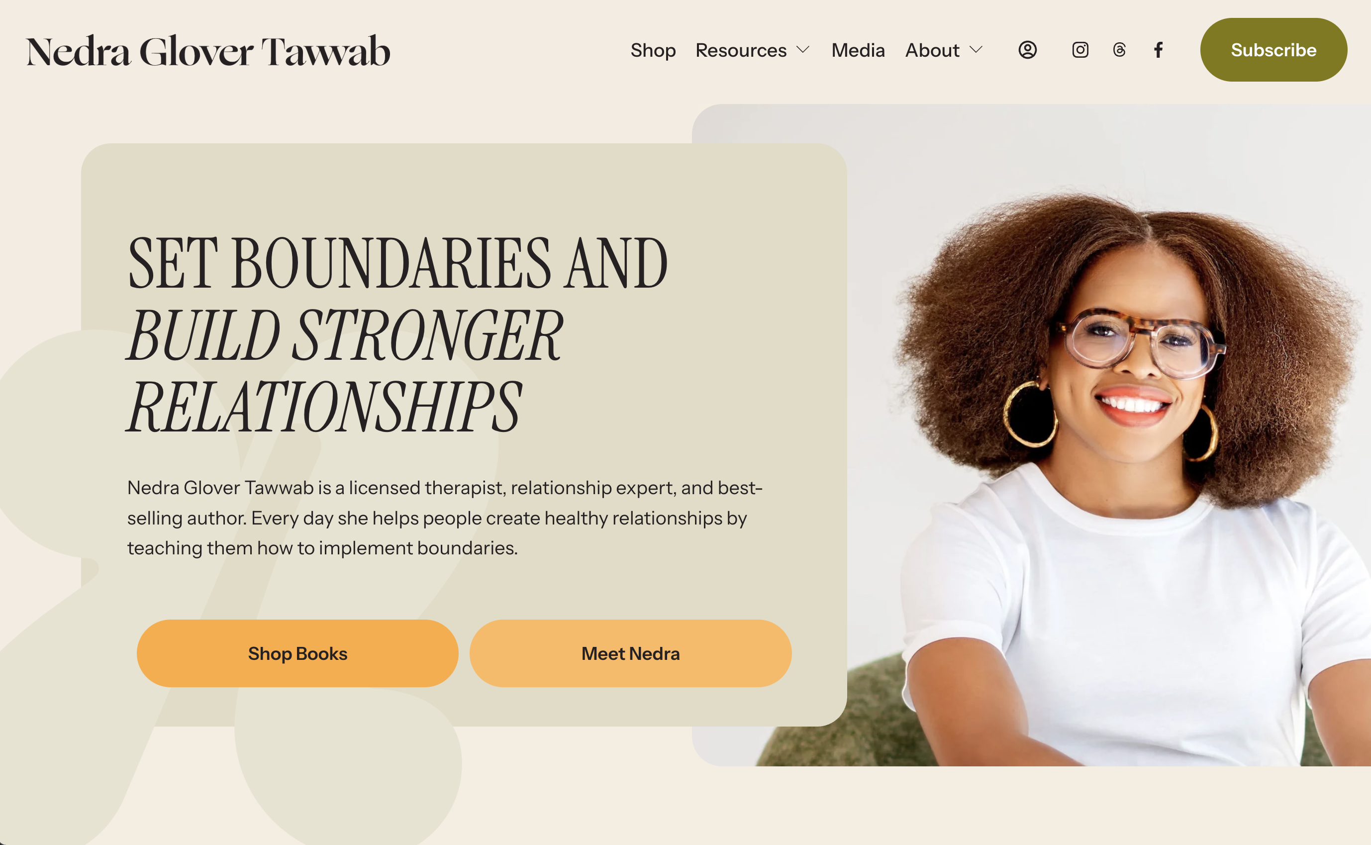 Nedra Glover Tawwab website hero banner, relationship therapist homepage header with portrait, boundaries headline, navigation and shop buttons