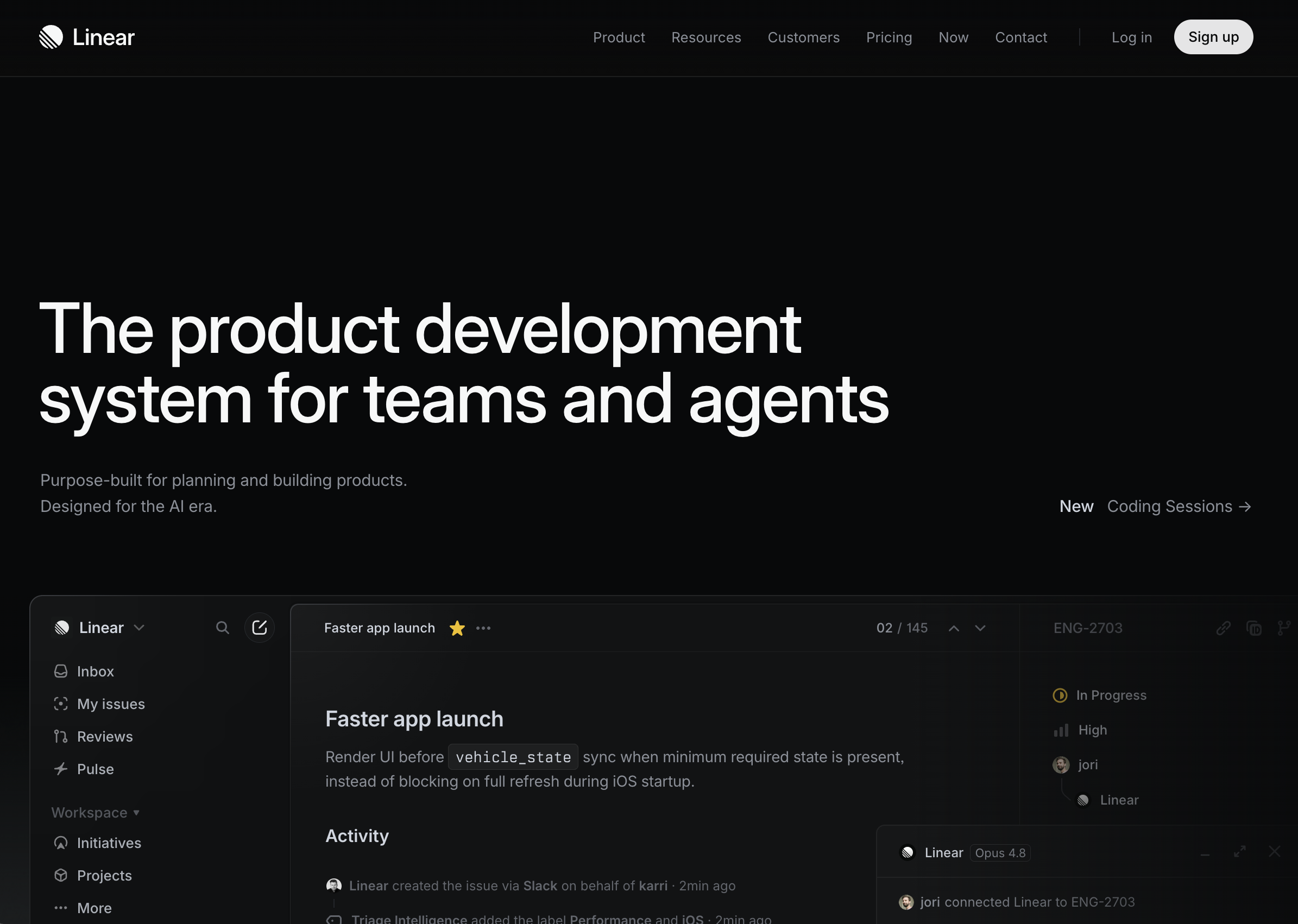Linear AI product dev tool homepage hero section, dark minimalist UI, core team & AI agent workflow headline, dark mode workspace dashboard preview, top site navigation with sign-up button