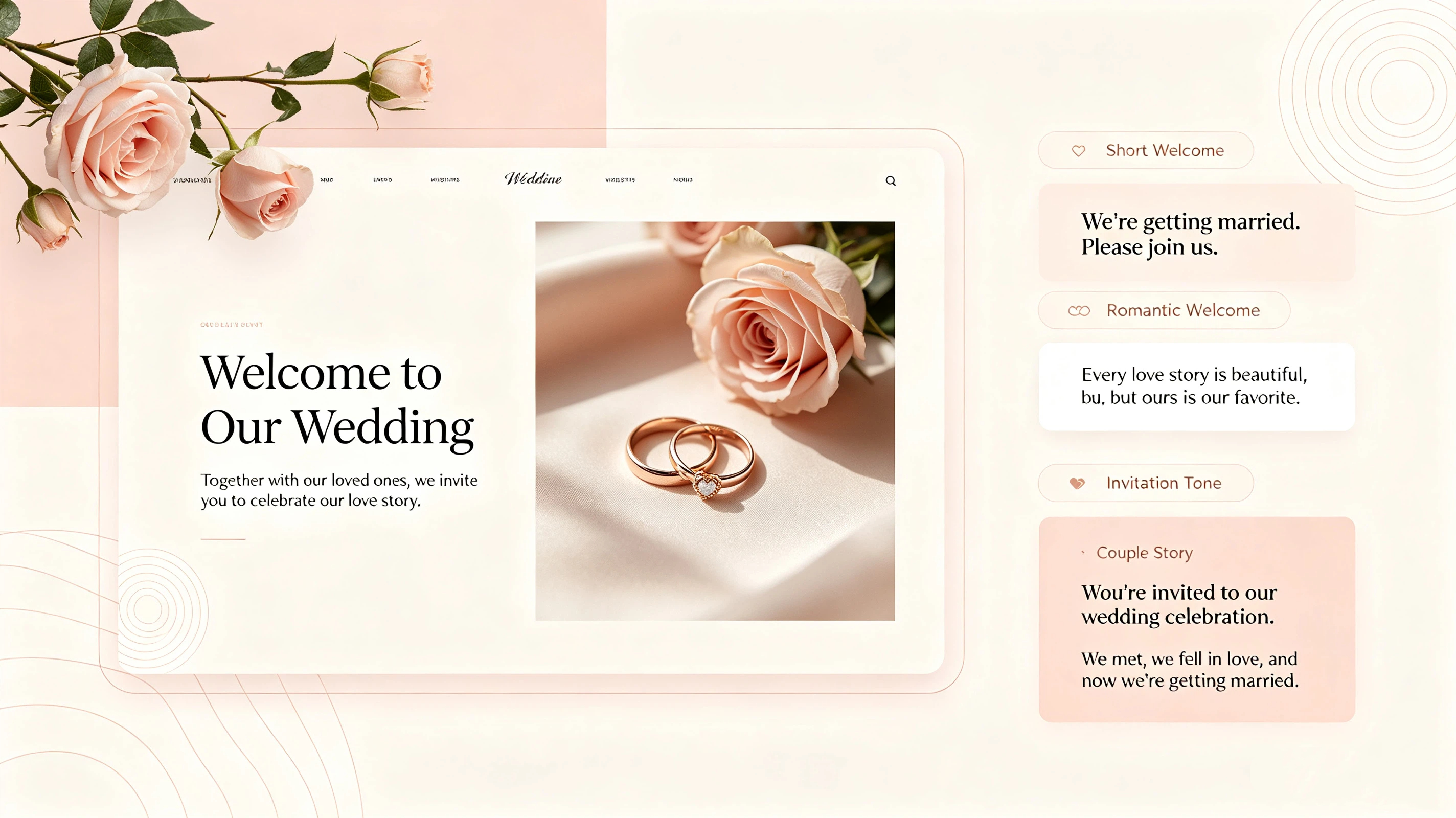 Pastel romantic wedding welcome wording guide infographic, 4 style text templates, writing tips + FAQ, Wegic no-code wedding website tool promo, boho floral aesthetic layout