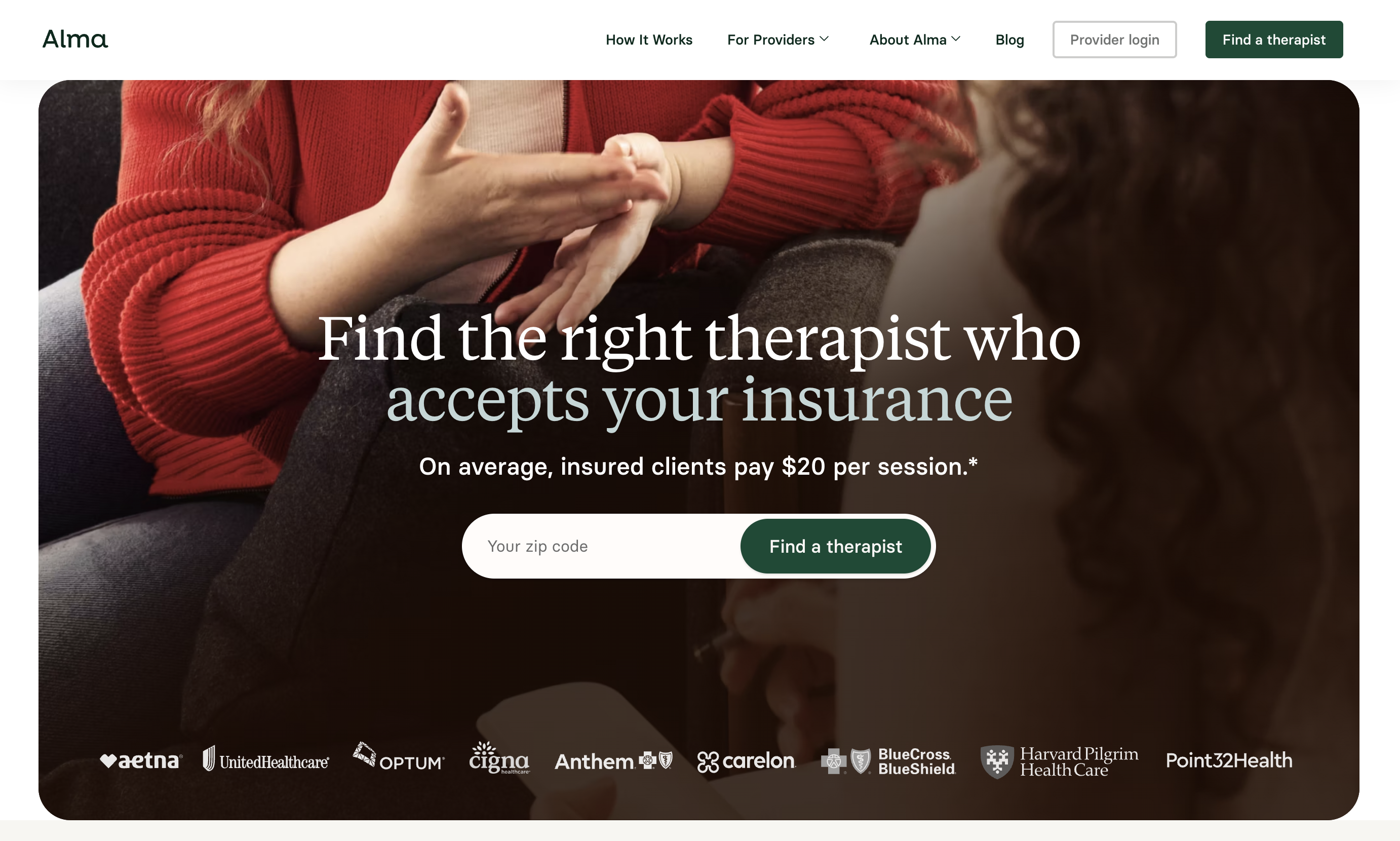 Alma online therapy homepage hero section, therapy session background image, insurance-focused headline, zip code search bar, "Find a therapist" button, major insurance provider brand logos at bottom, top site navigation menu.