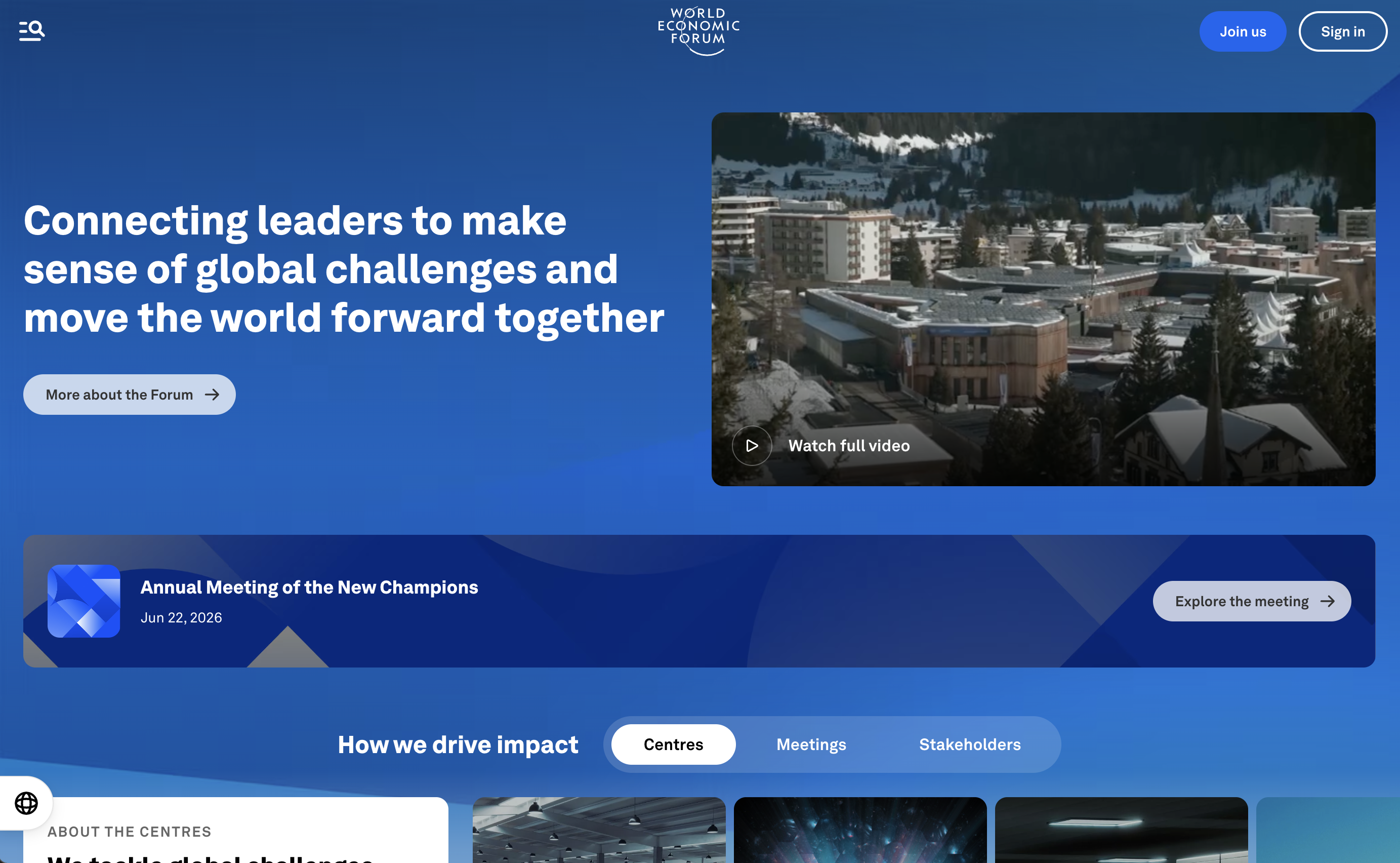 World Economic Forum homepage hero banner, deep blue gradient layout, Davos town video preview, global leadership headline, New Champions Annual Meeting promo block, join & sign-in top buttons, centres/meetings tab navigation