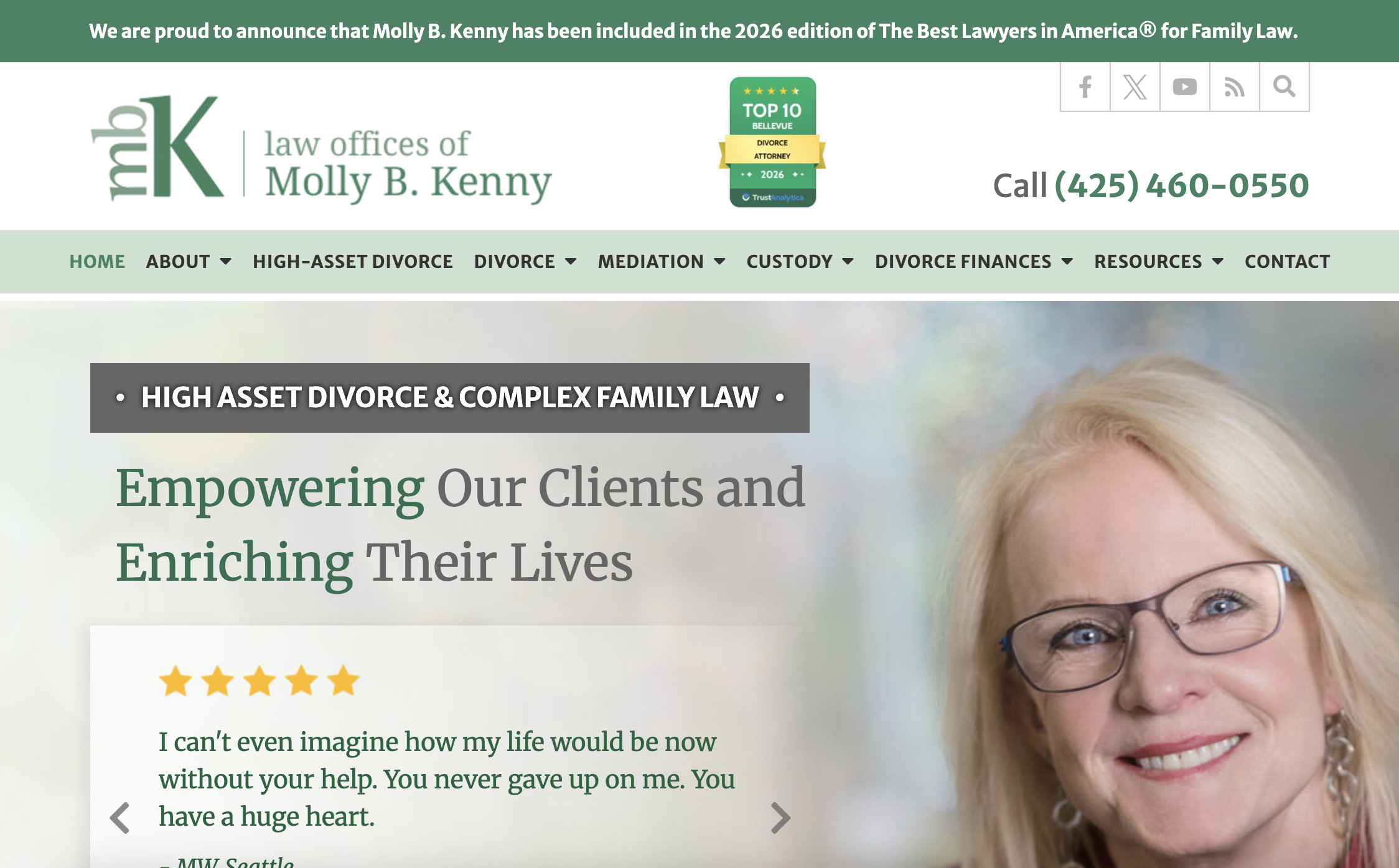 Molly B. Kenny 家庭法律主页显示律师资质和一个隐秘的咨询按钮
