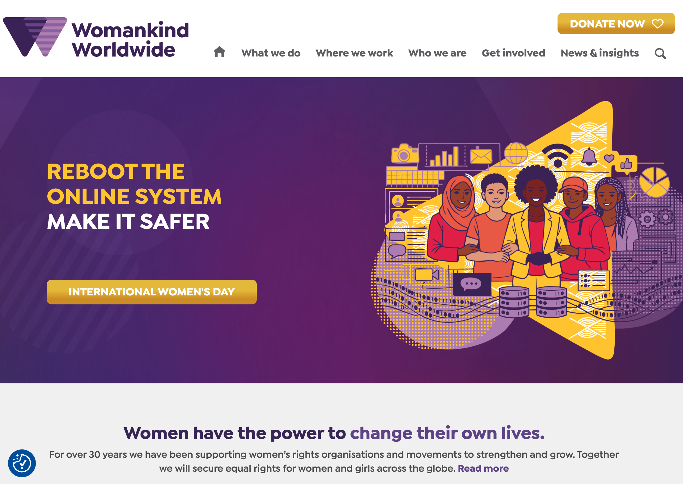 Womankind Worldwide 主頁採用紫色品牌設計、手繪插圖，右上角有黃色捐款 CTA 按鈕