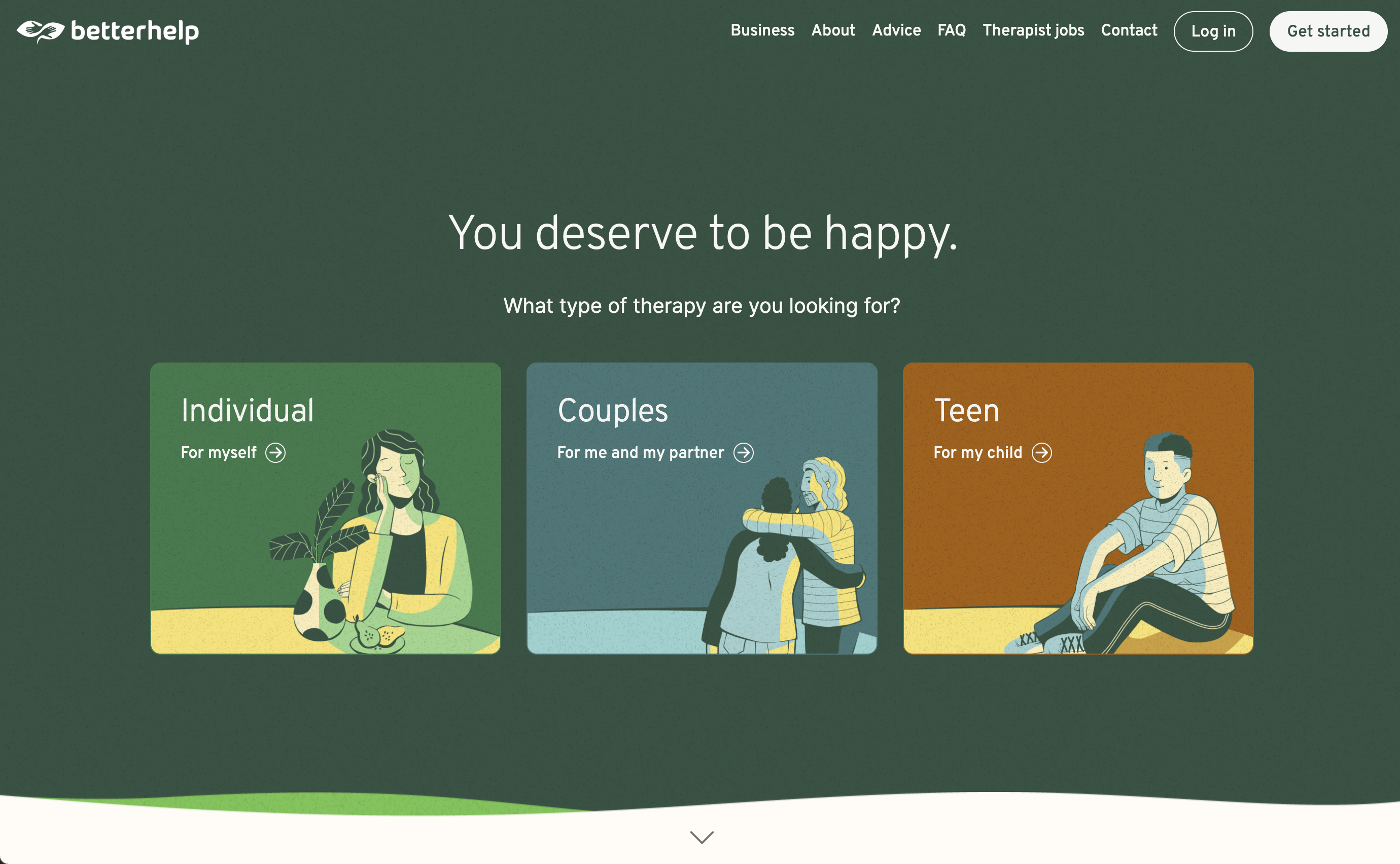 Website hero banner for Therapy for Women women’s mental health therapy practice, navigation menu, headline copy, diverse smiling women outdoor stock photo, dark green Get Started call to action button