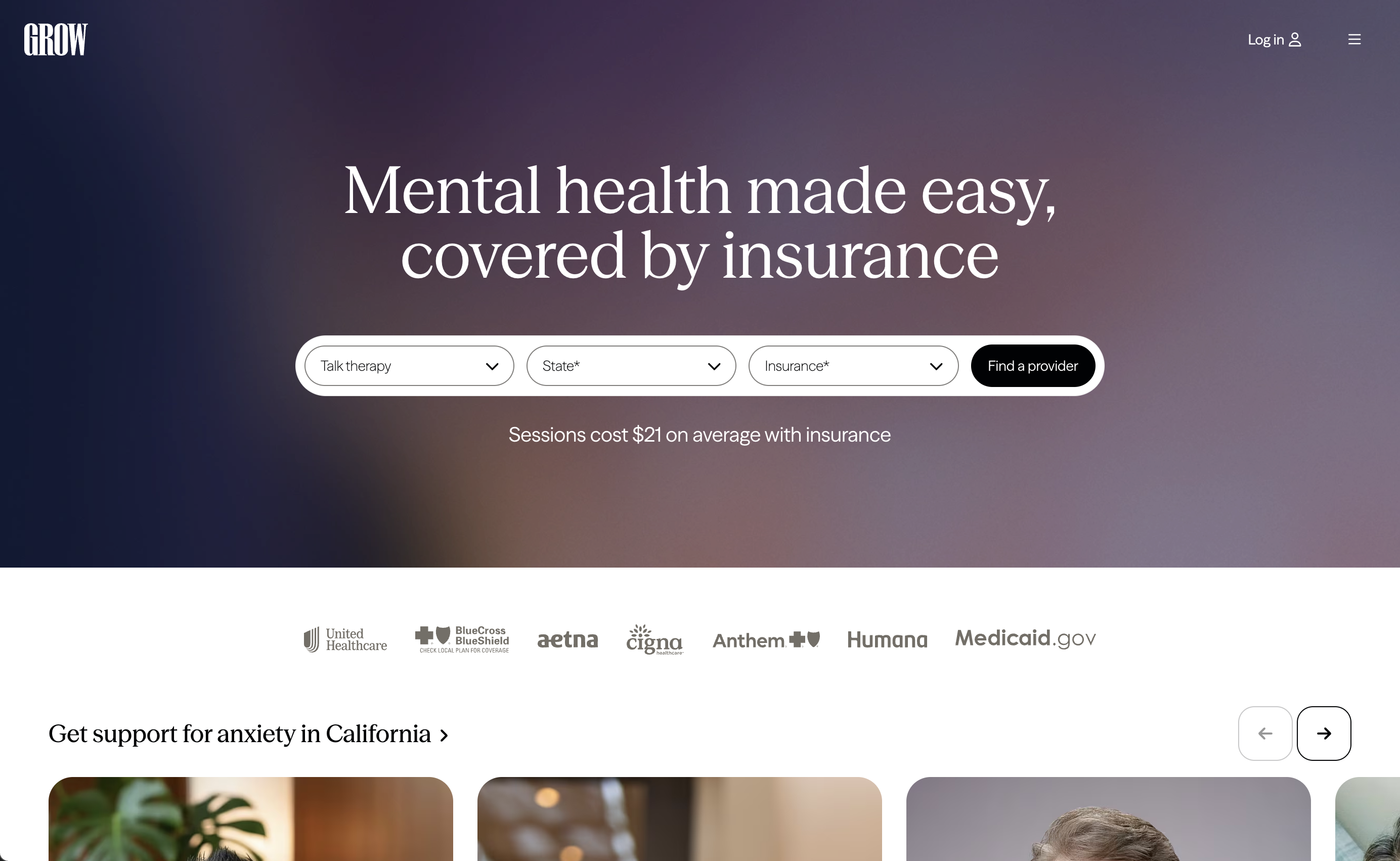 GROW mental health website hero banner, insurance-covered therapy search tool with major insurance provider logos