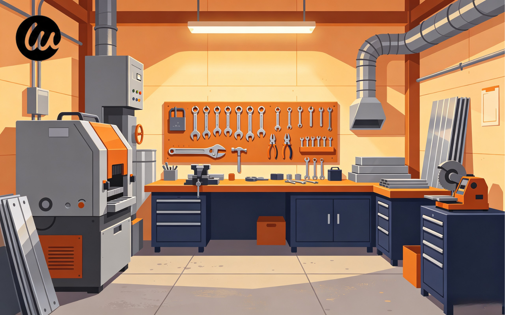 Eine saubere, moderne flache Illustration eines kleinen Fertigungswerkstatt-Innenraums mit Industrieausrüstung