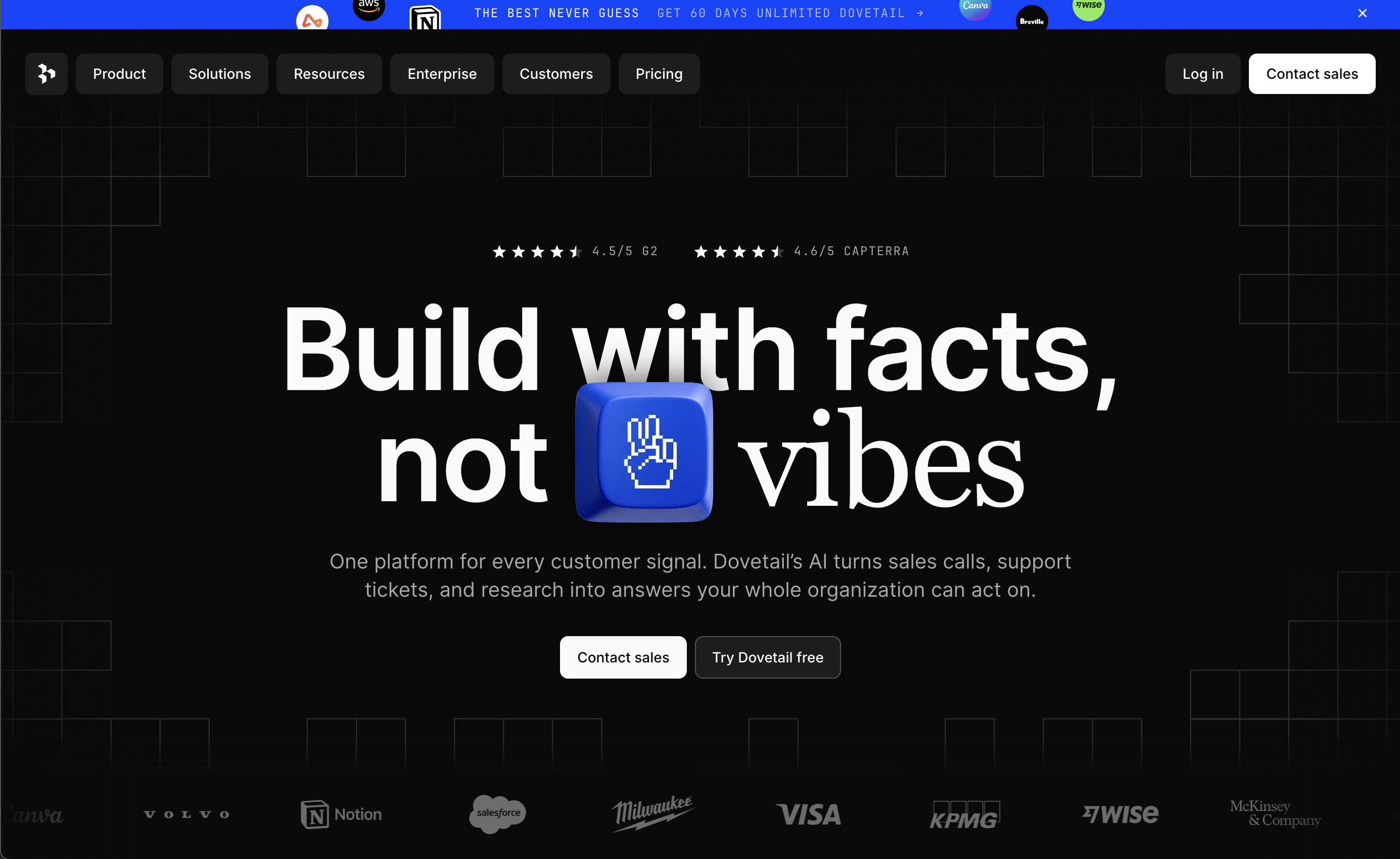 Dovetail customer research AI platform homepage hero banner, dark grid background, bold "Build with facts, not vibes" headline with blue keyboard key graphic, platform feature copy, sales & free trial CTAs, enterprise customer logos footer, full site navigation and top promo banner