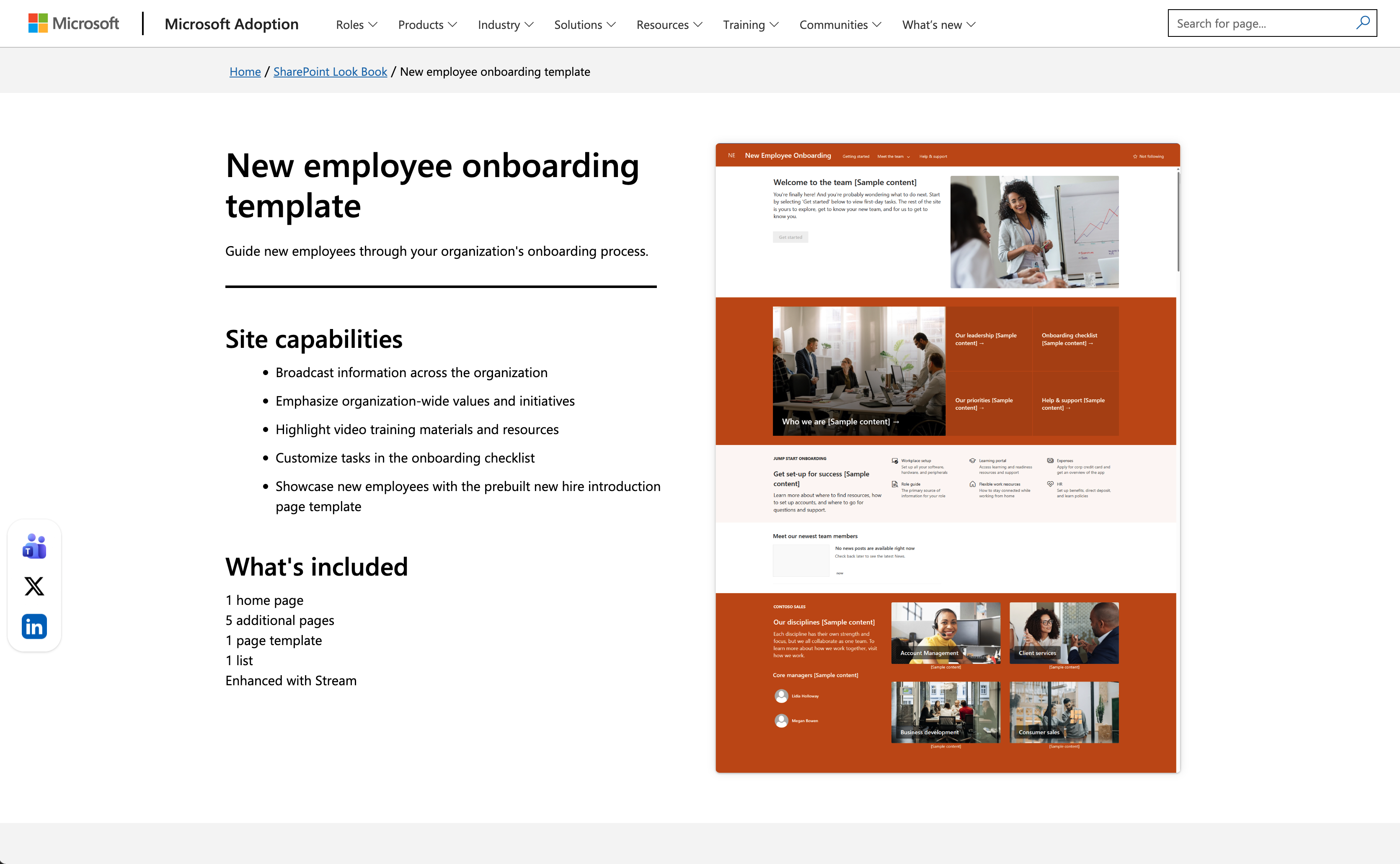 Microsoft SharePoint new employee onboarding template intro page, dual-column layout, left feature text description, right orange-theme intranet site UI preview, top Microsoft Adoption navigation bar, breadcrumb navigation, left floating Teams & LinkedIn sidebar icons