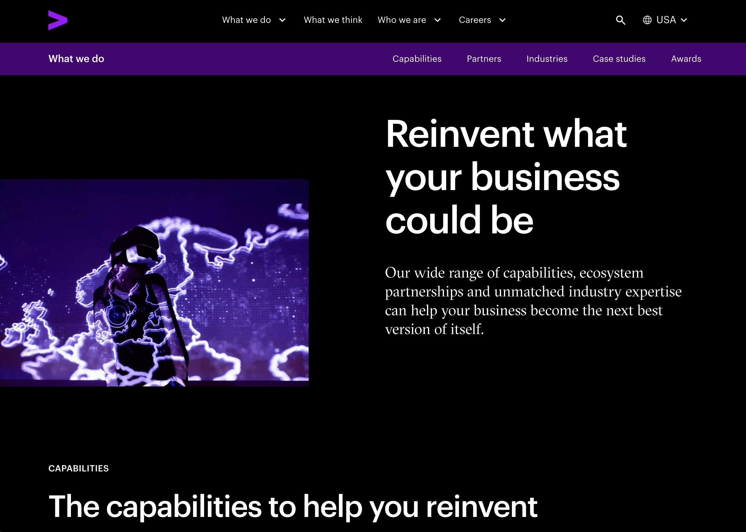 Enterprise digital consulting website hero section, black dark mode layout, purple navigation bar, VR hologram tech background image, business reinvention headline, service capabilities navigation menu