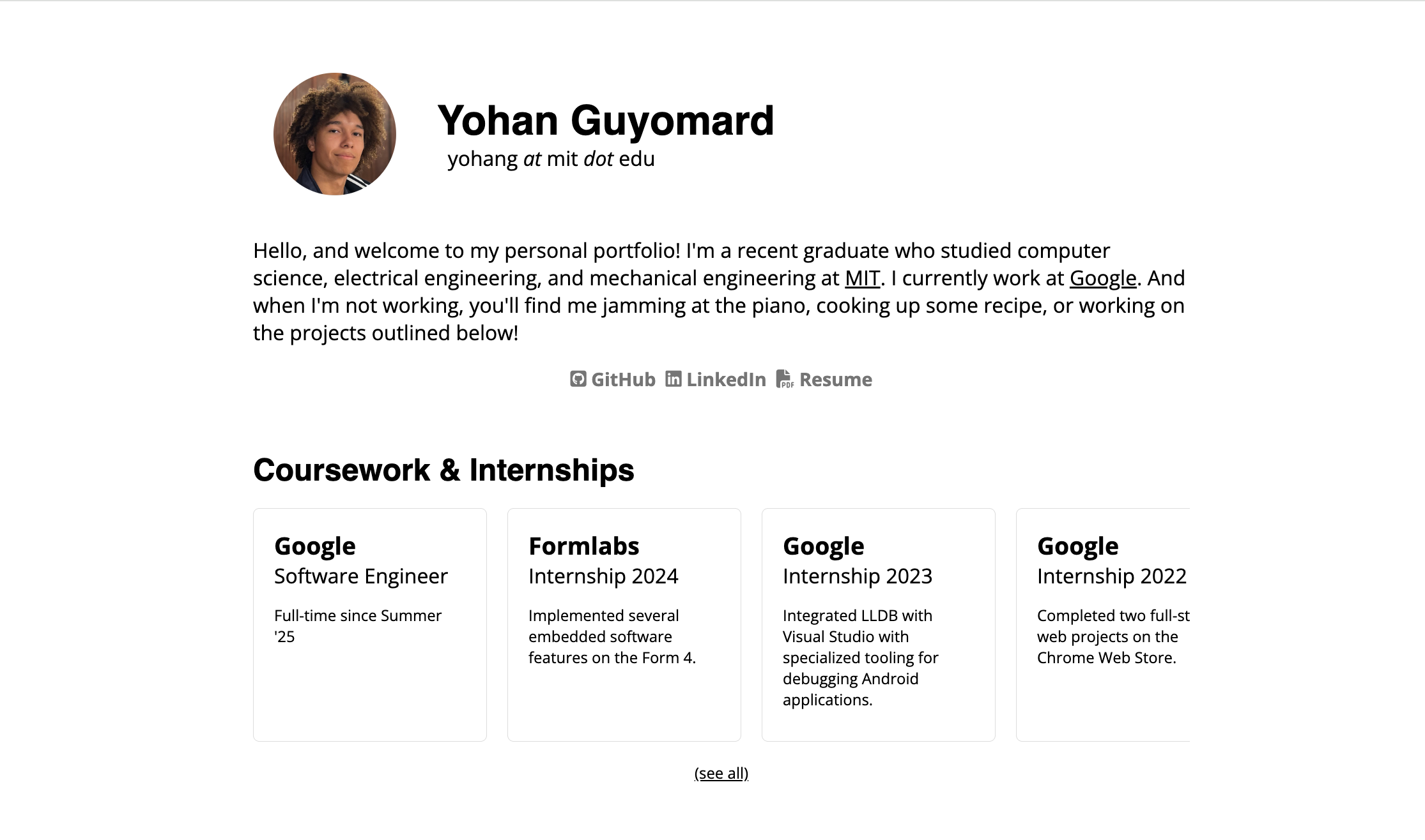 Yohan Guyomard MIT-Portfolio auf GitHub Pages mit einer übersichtlichen Liste von Ingenieur- und Softwareprojekten