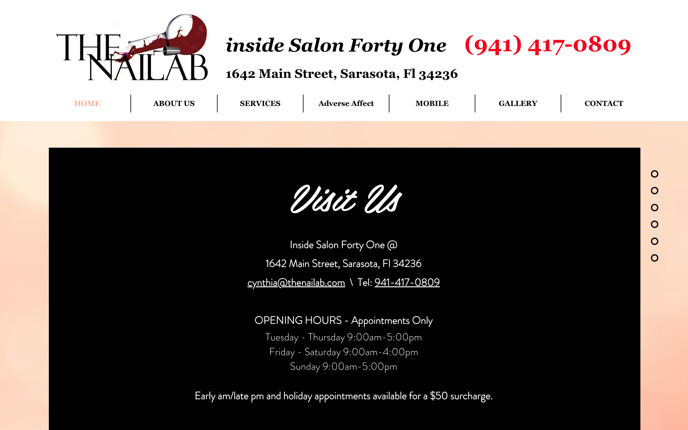 The Nail Lab homepage showing private suite nail salon services and a 24/7 online booking system