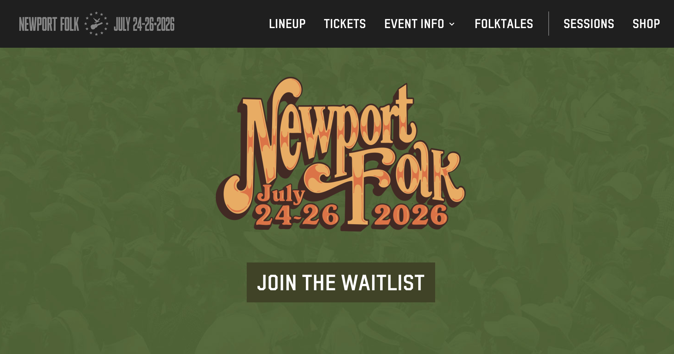Newport Folk Festival homepage featuring 2026 festival logo with Join the Waitlist CTA button and clean minimal layout