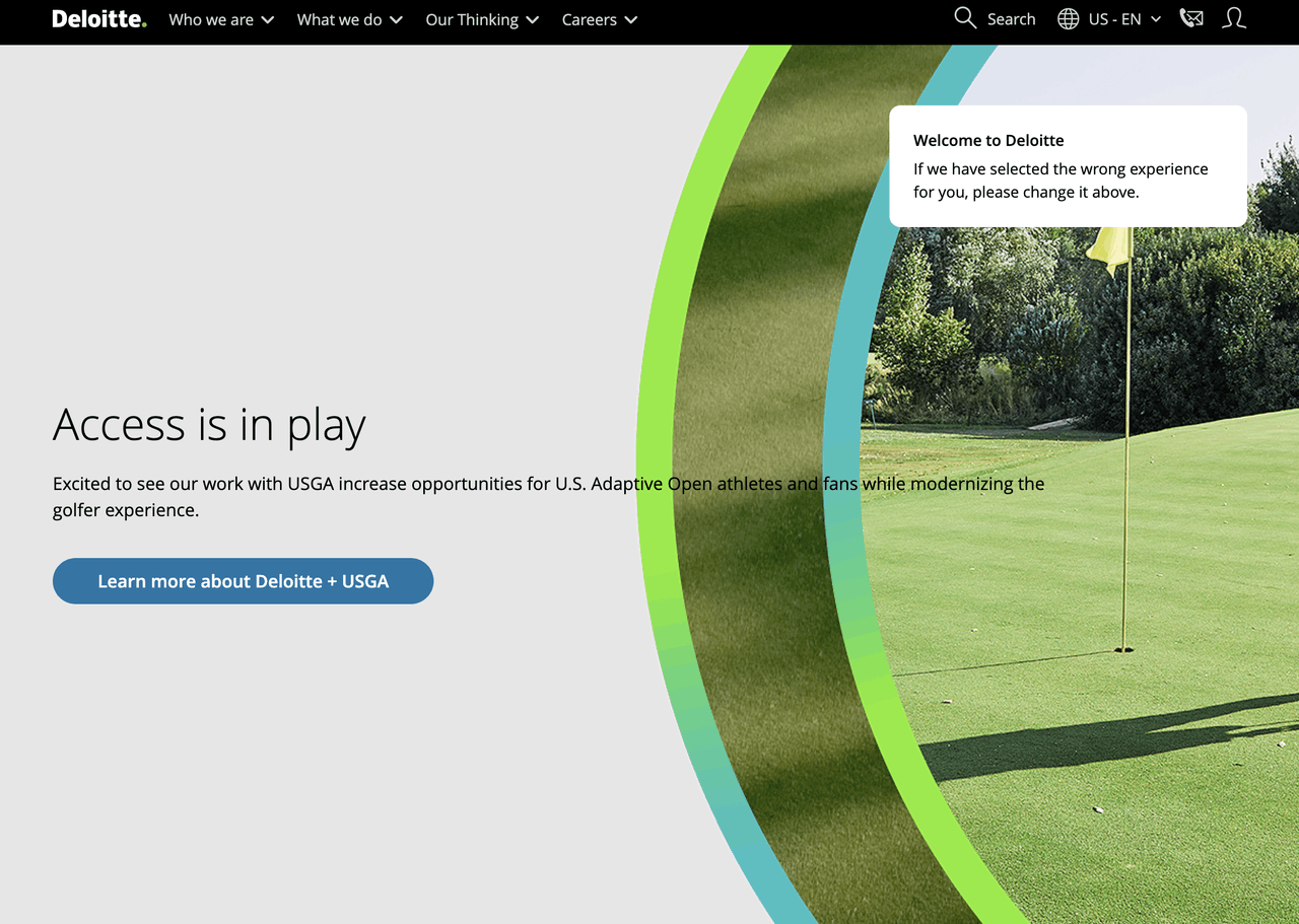 Deloitte corporate homepage hero banner, USGA adaptive golf partnership promotional graphic, golf green background photo, top site navigation, golf accessibility themed headline and learn-more button