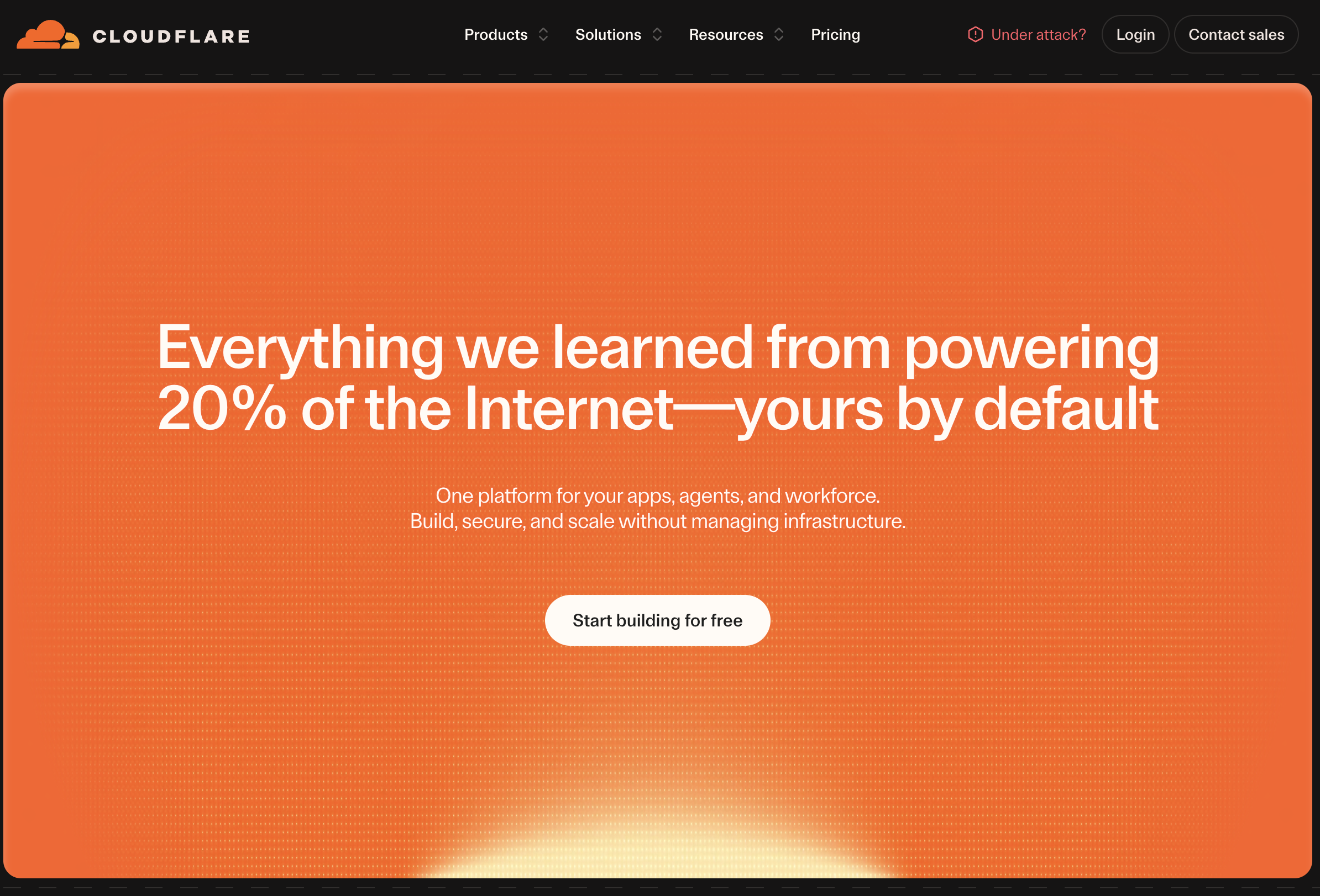 Cloudflare cloud security platform homepage hero section, orange textured banner background, core value headline about powering 20% of the internet, free build CTA button, full site navigation bar with attack emergency prompt