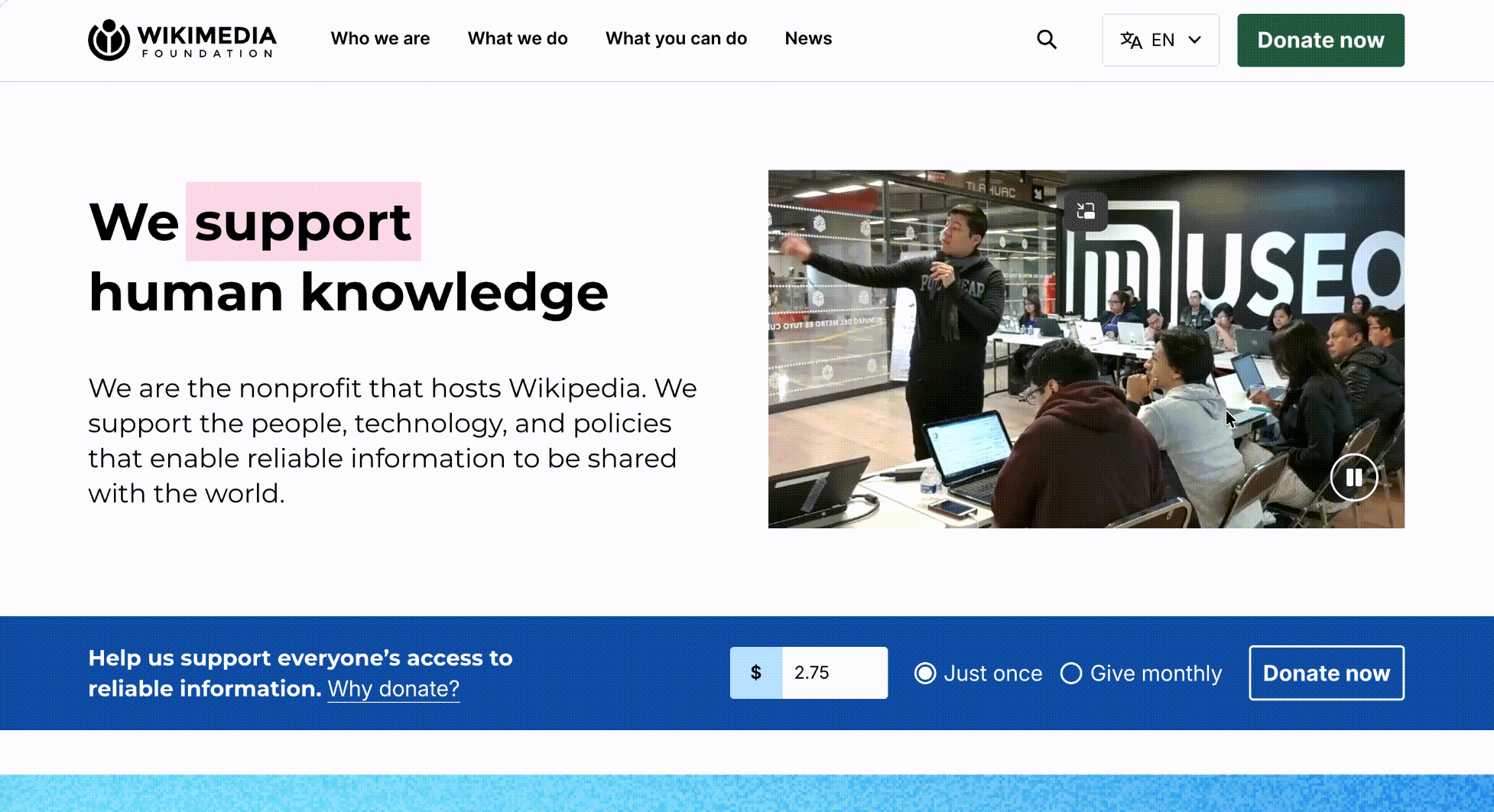 Wikipedia nonprofit website example 2026 banner donation