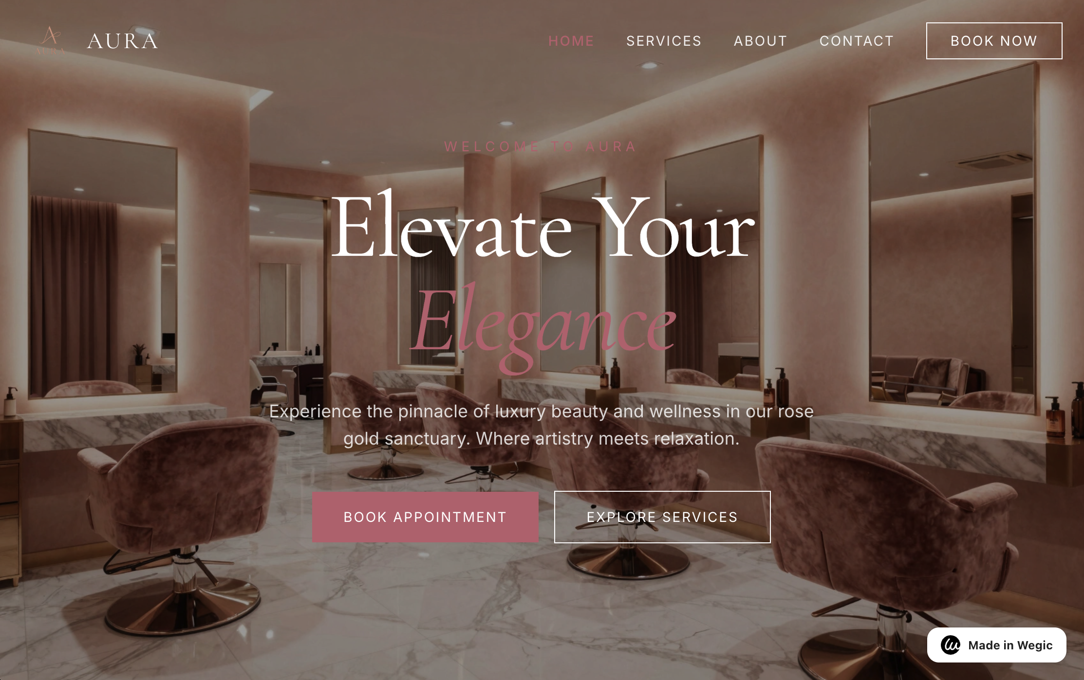 Aura salon demo homepage built with Wegic, showing a rose gold salon interior with an "Elevate Your Elegance" headline