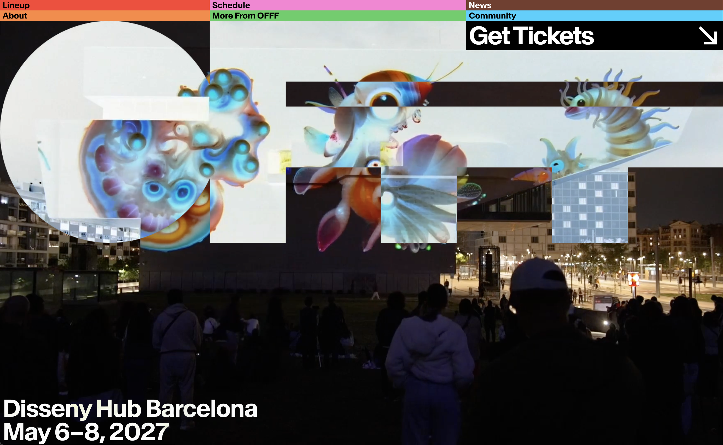OFFF Barcelona 2027 design festival homepage hero banner, outdoor projection event crowd photo, layered surreal sea creature digital art overlays, color segmented top navigation, ticket banner, venue & date text at bottom