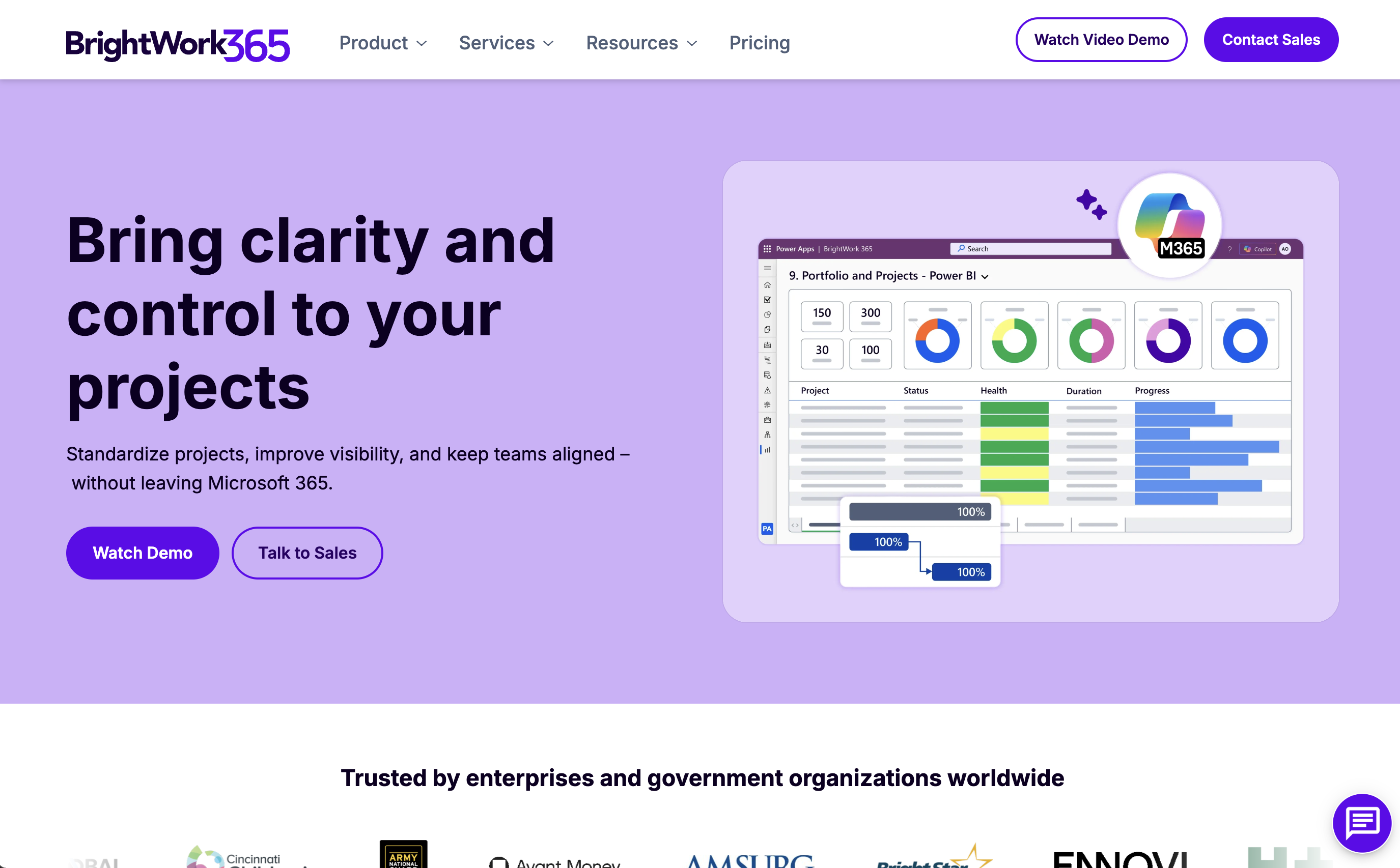 BrightWork 365 Microsoft 365 native project management tool homepage hero banner, light purple background, BI dashboard UI preview, project visibility headline, demo & sales CTAs, top site navigation, enterprise customer brand footer strip