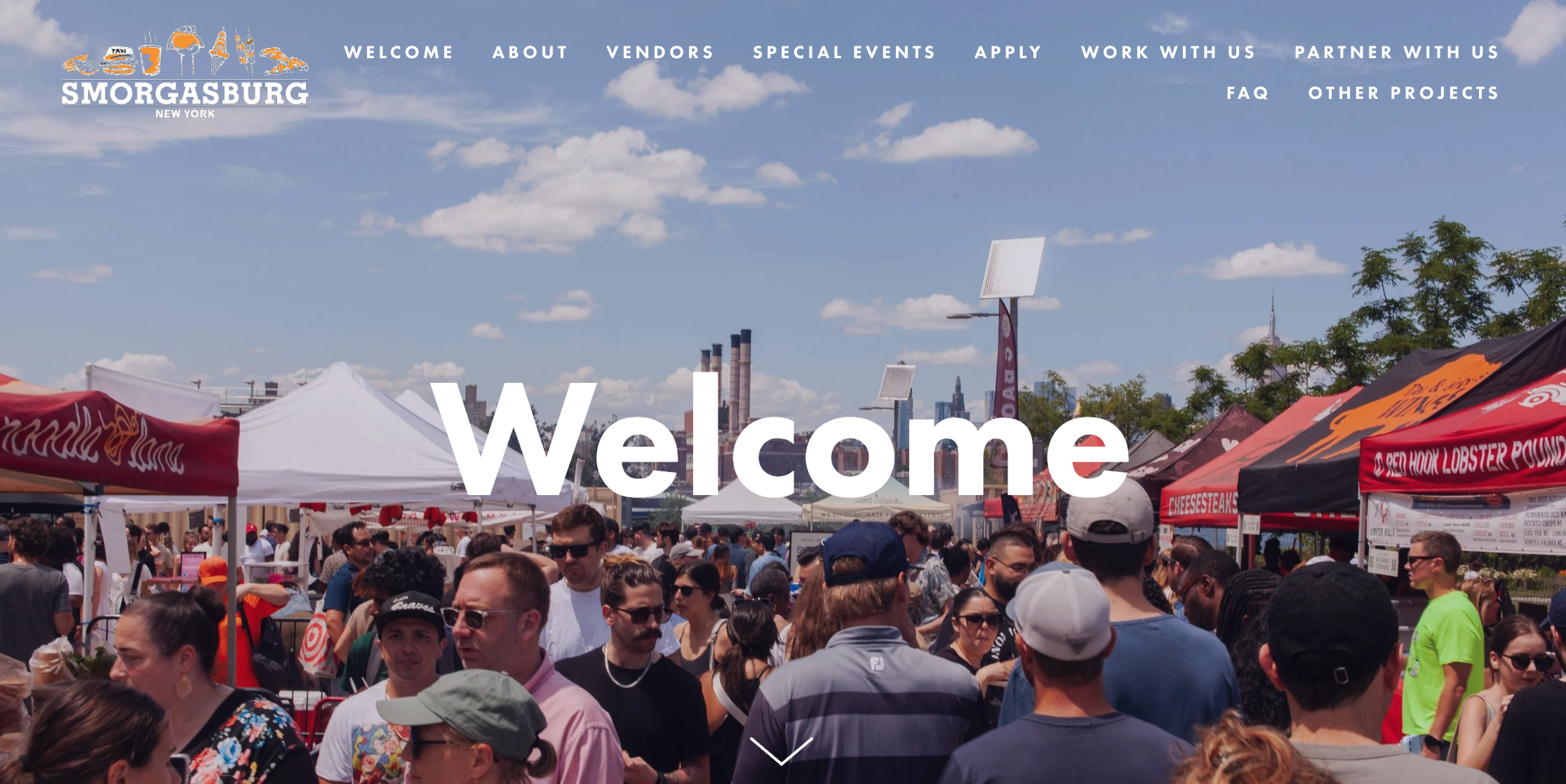 Smorgasburg homepage showing open-air food market with vendor stalls, crowds, and Manhattan skyline in the background