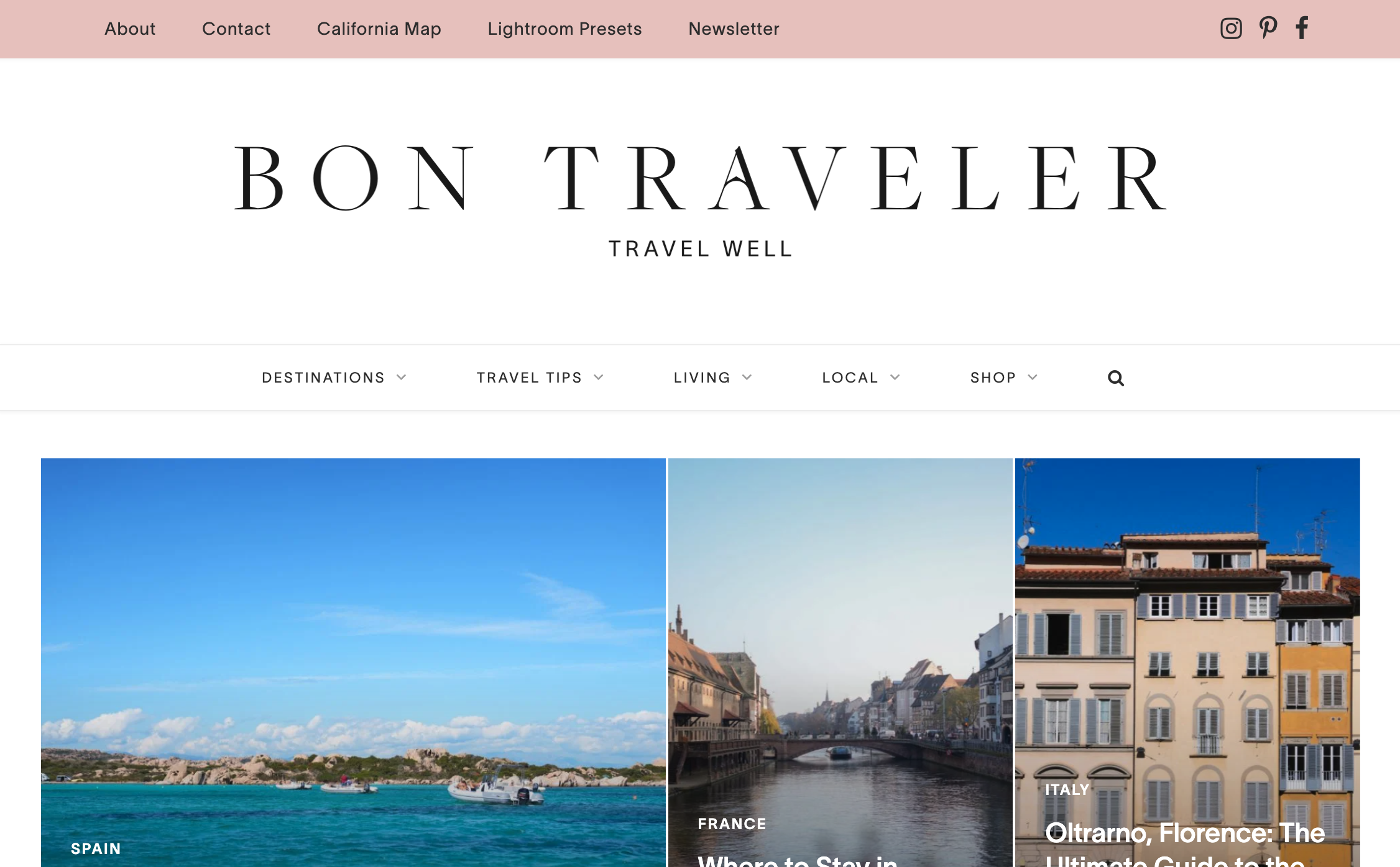 Bon Traveler 首页,优雅的衬线字体标志,“Travel Well” 标语,以及目的地照片文章网格