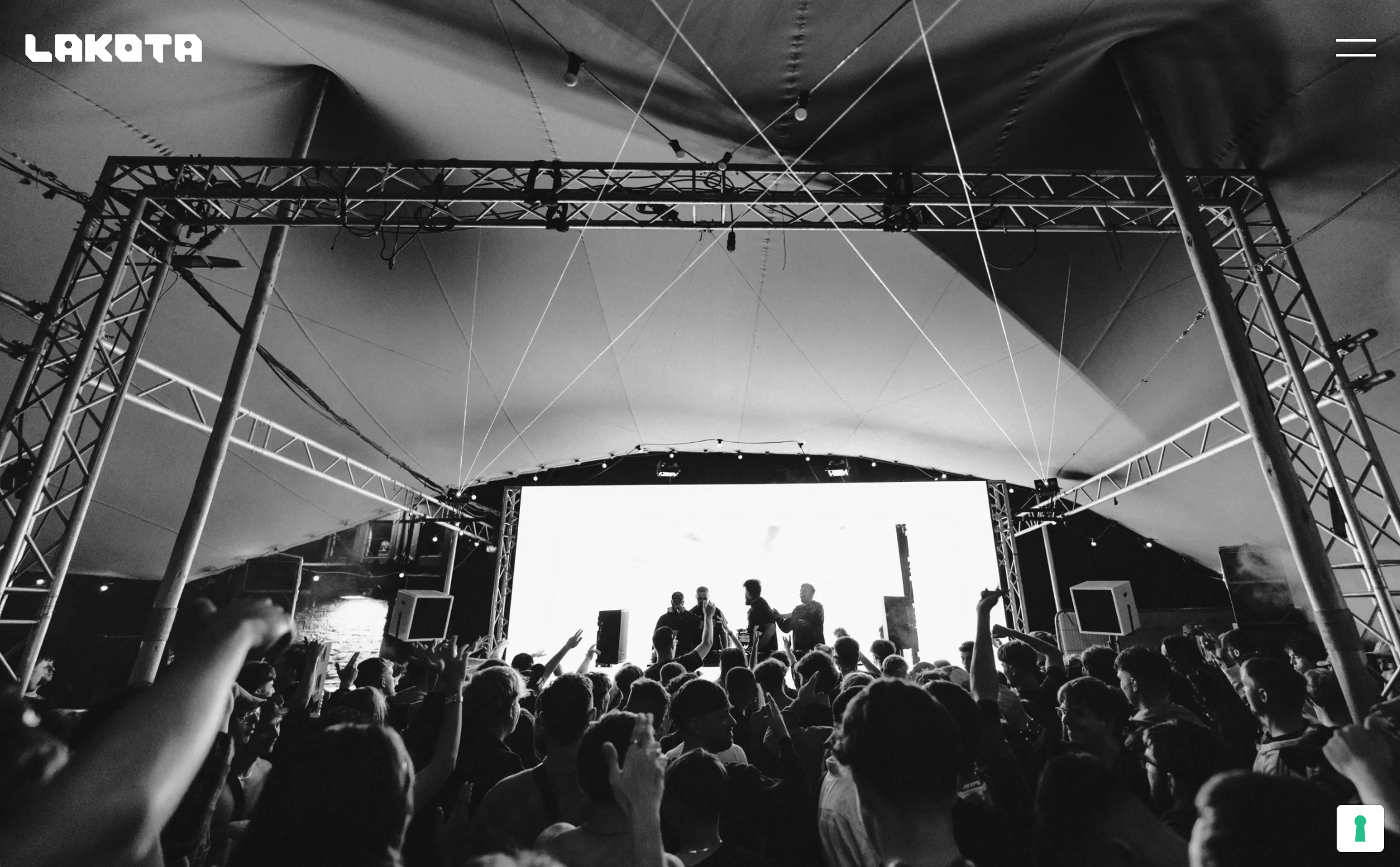 Lakota Bristol homepage with dark underground aesthetic, spirit of Bristol's underground tagline, and event listings for multiple venue spaces