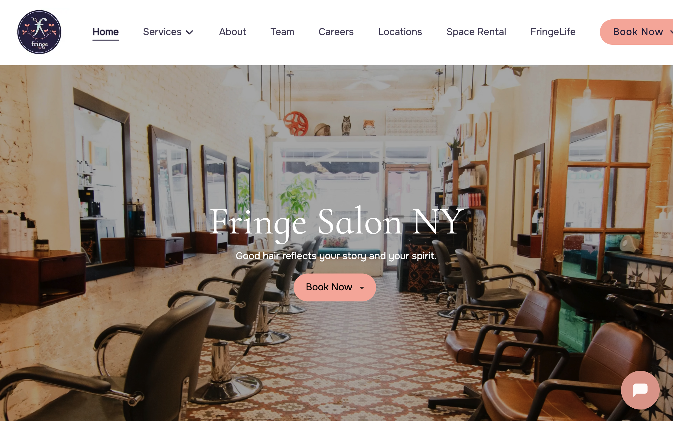 Fringe Salon NY homepage showing a black and white design with an arts and community focused brand statement