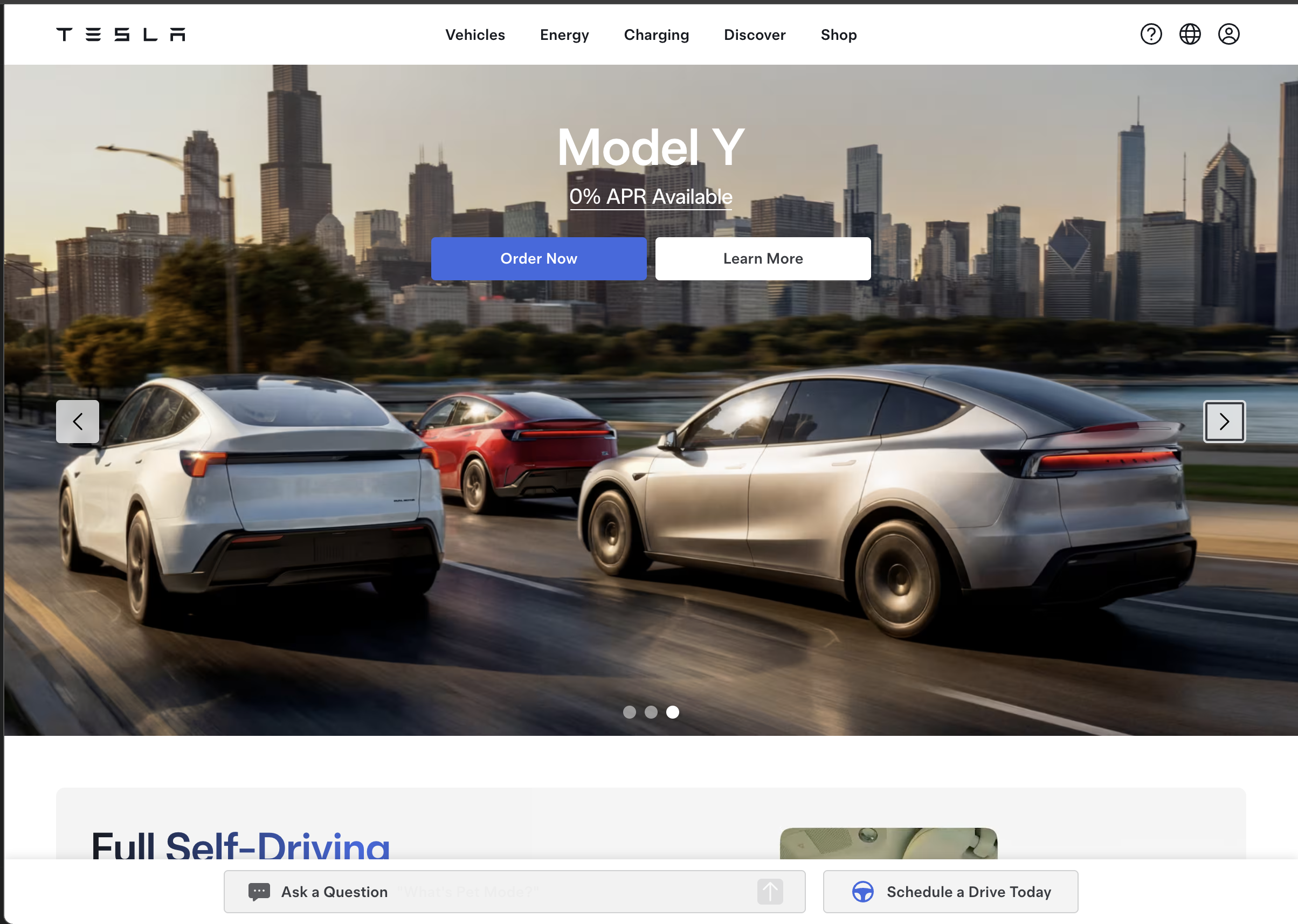Tesla website hero page, Model Y electric SUV city driving banner, top site navigation, order & learn more CTA buttons, EV car homepage slider visual