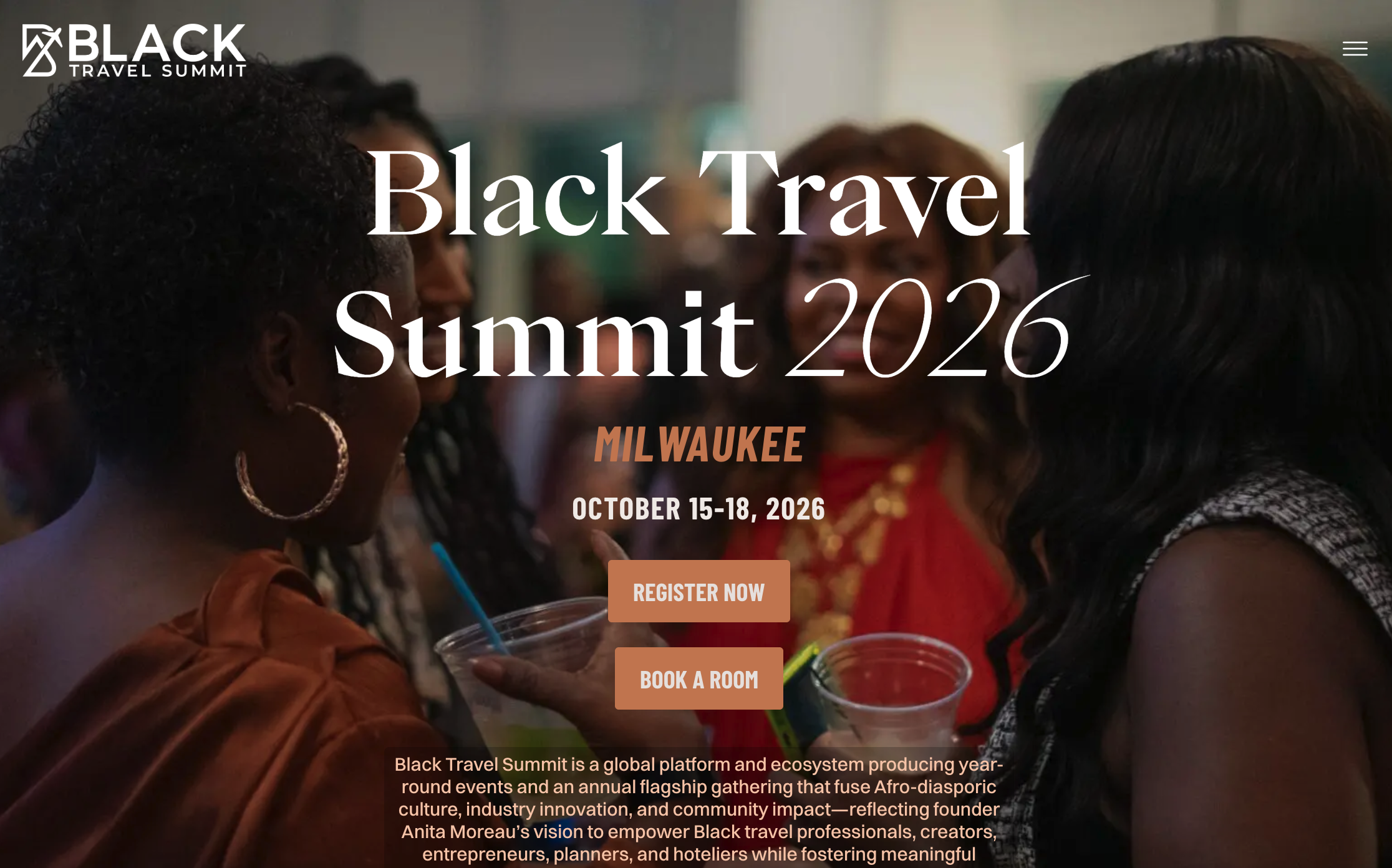 Black Travel Summit homepage with bold jewel-toned design, two CTA buttons side by side in hero, event dates and host city prominently displayed, and diverse attendee photography