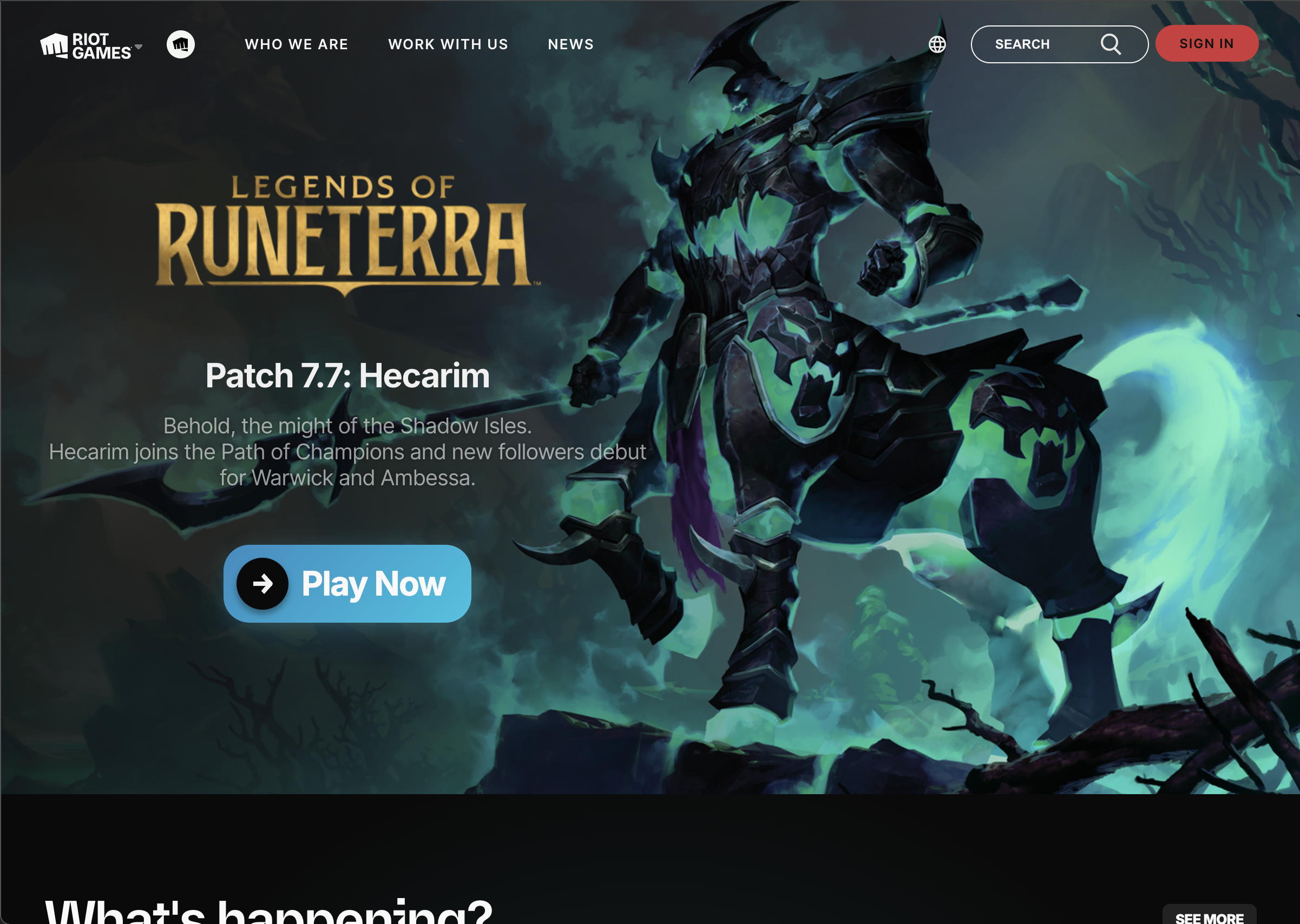 Legends of Runeterra game homepage banner, Hecarim shadow isles artwork, Patch 7.7 update promo, Riot Games website hero visual with Play Now CTA button