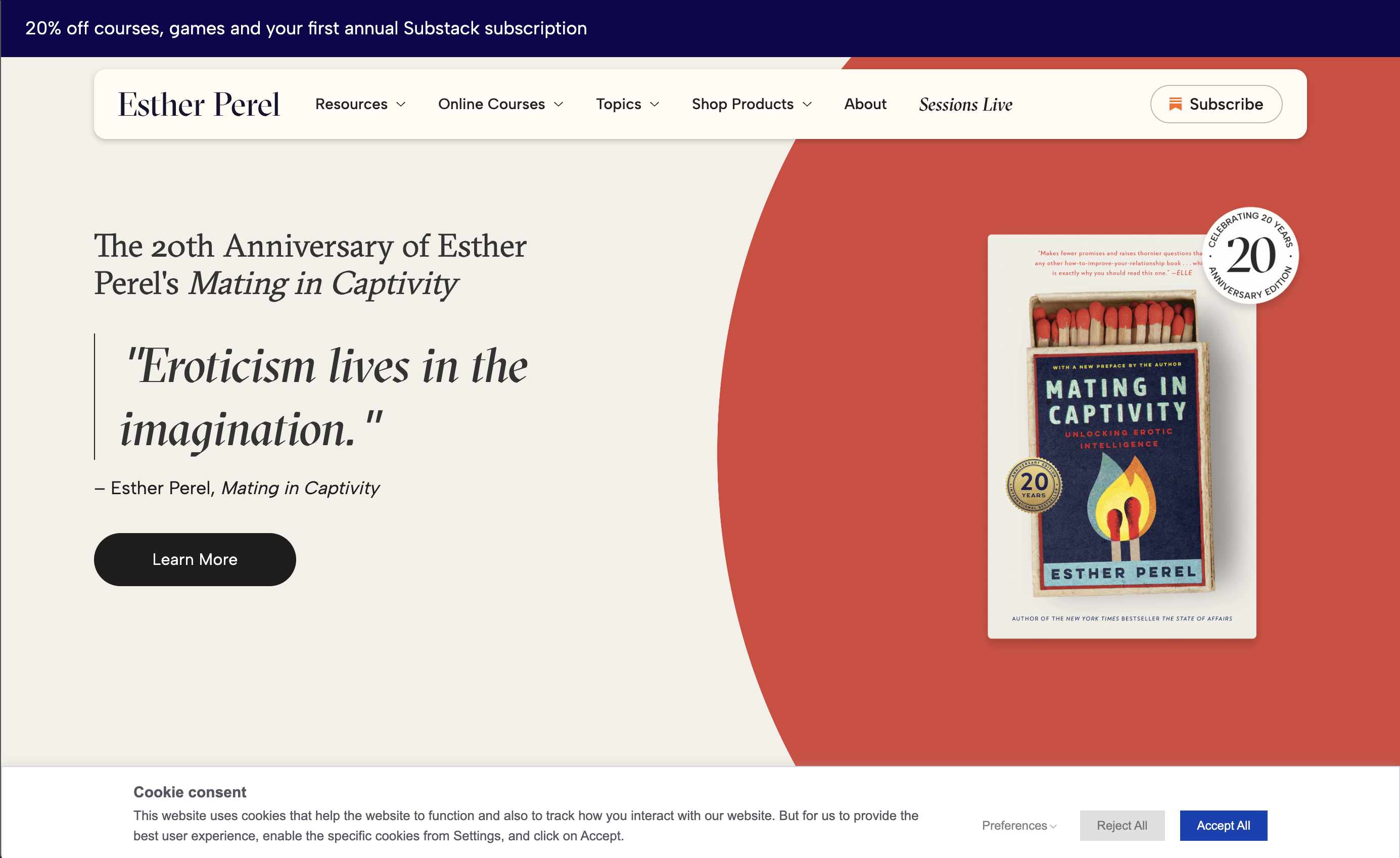 Esther Perel website hero banner for the 20th anniversary edition of her book Mating in Captivity, featuring book cover, relationship quote, navigation and discount banner