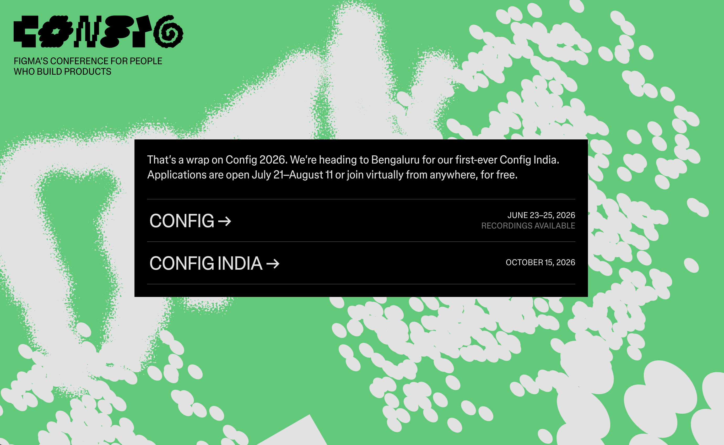 Figma Config 2026 & Config India conference homepage hero banner, green abstract spray art background, event info text box, two event navigation links with date details