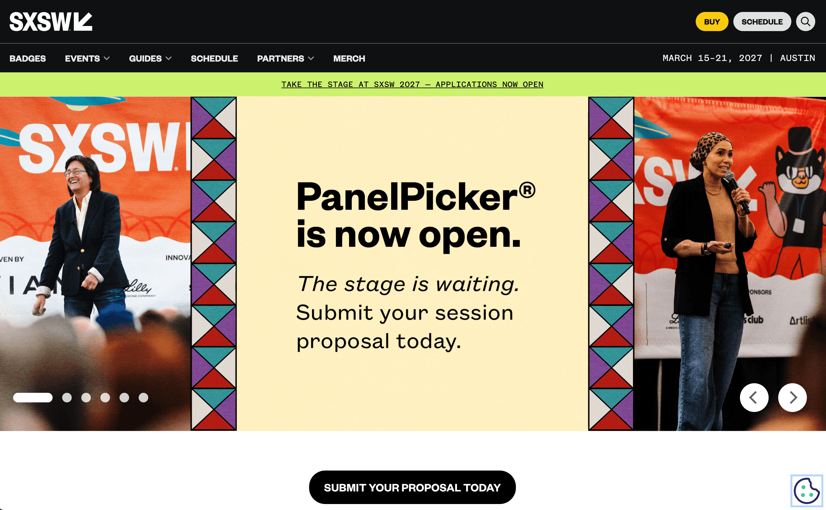 SXSW 2027 Austin festival homepage hero banner, PanelPicker session call for submissions promo, dual speaker stage photos, geometric tribal border graphic, top site navigation & ticket buy button, proposal submission CTA button