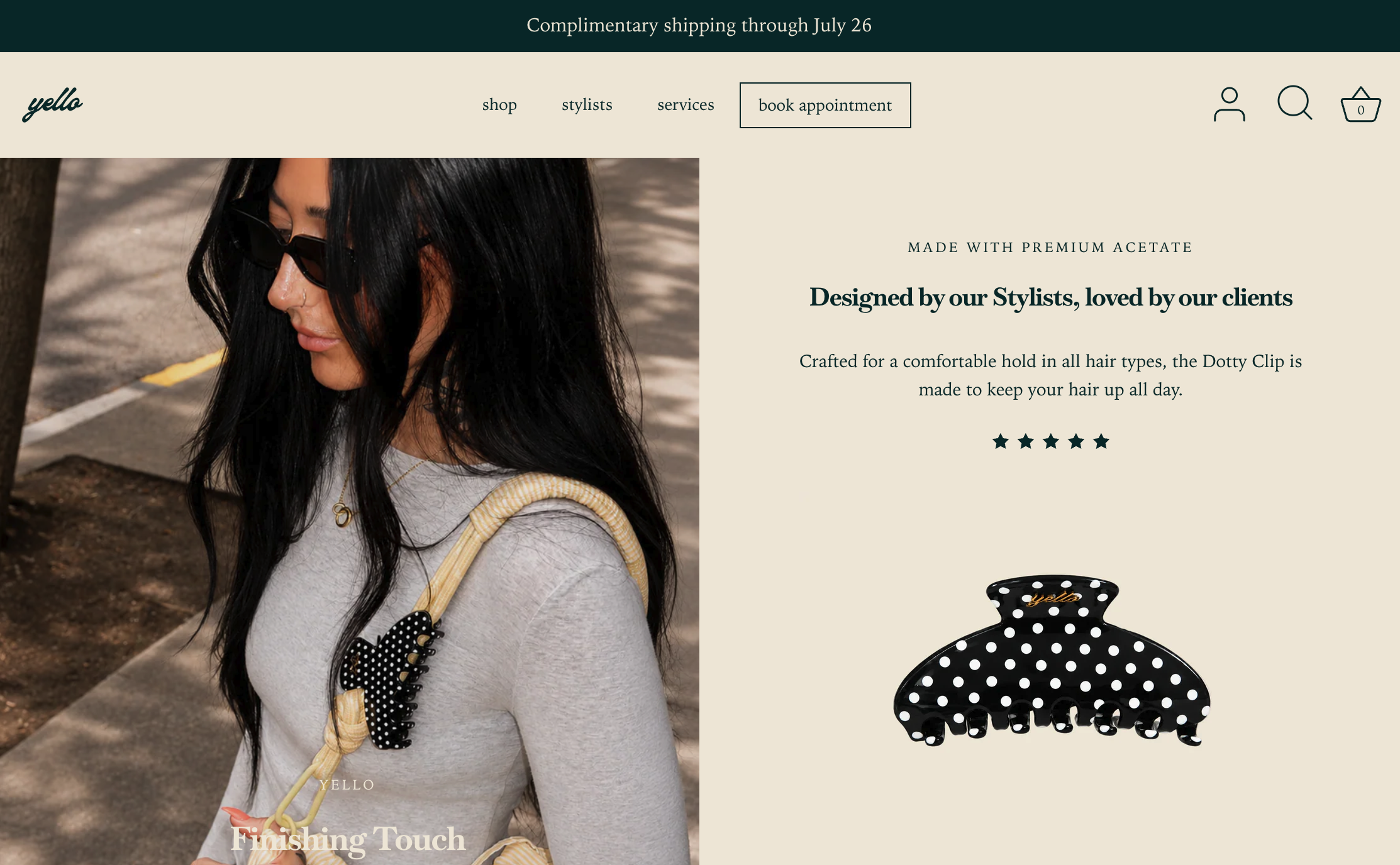 Yello Salon homepage showing styled hair accessory product photography and a book appointment button