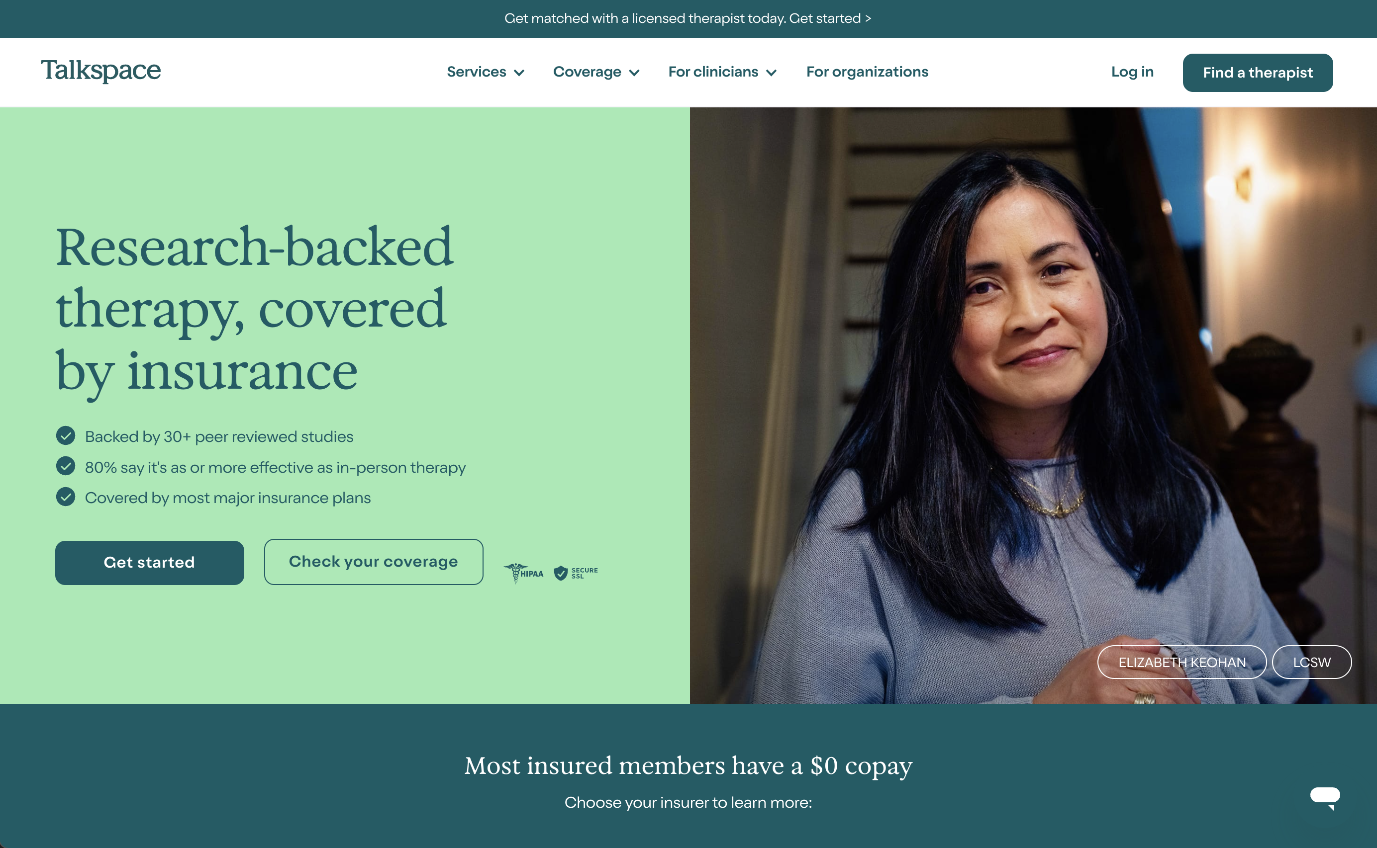 Talkspace mental health platform hero section, navigation menu, mint green text block highlighting insurance-covered online therapy, portrait of therapist Elizabeth Keohan LCSW, insurance copay info footer