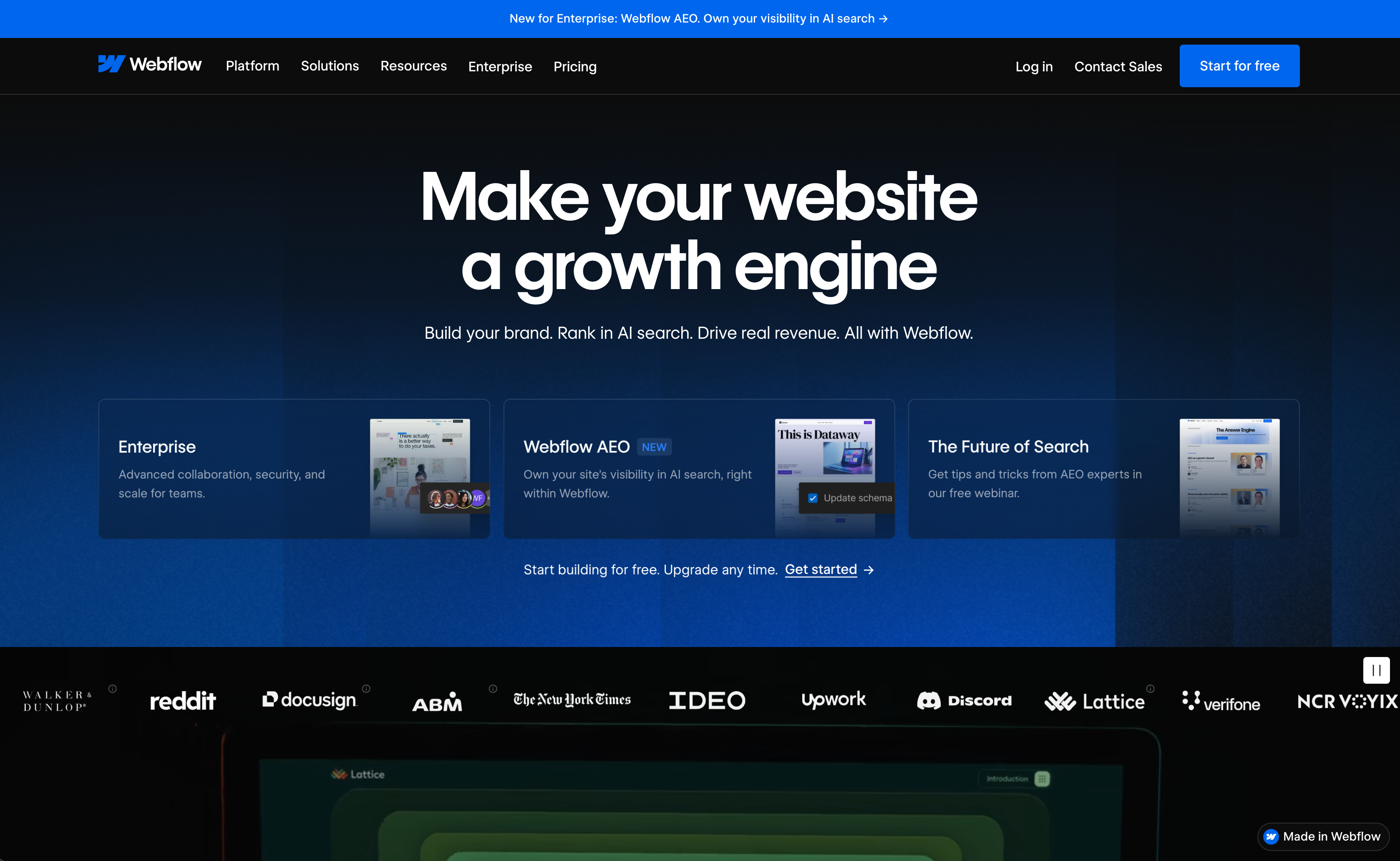 Webflow no-code website builder homepage hero section, dark blue gradient banner, AI search AEO growth marketing headline, three feature cards, free start button, top navigation bar, brand customer logos footer