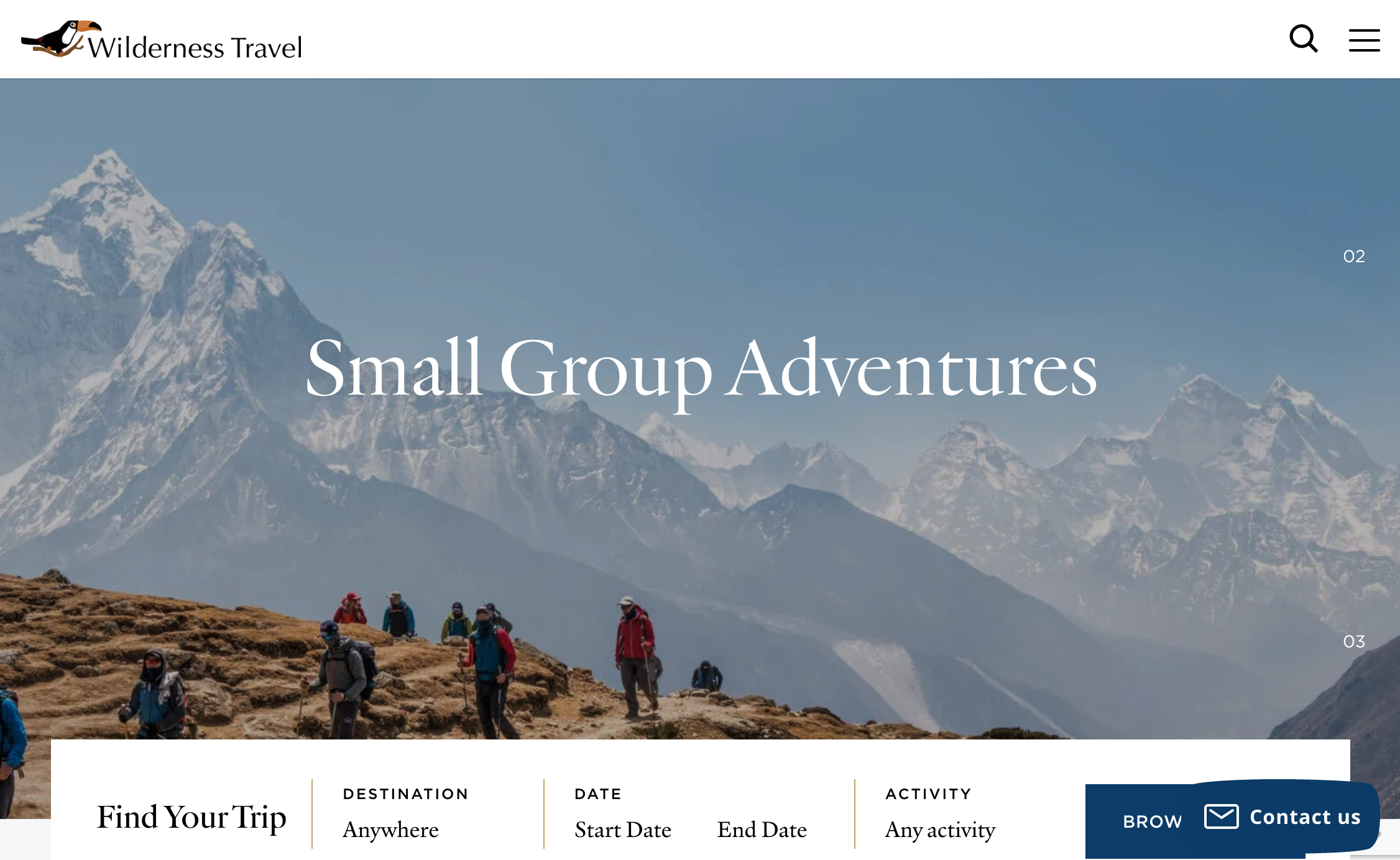 Pagina avventure in piccoli gruppi di Wilderness Travel con il titolo "Small Group Adventures" su una foto di trekking himalayano e una barra filtro Find Your Trip