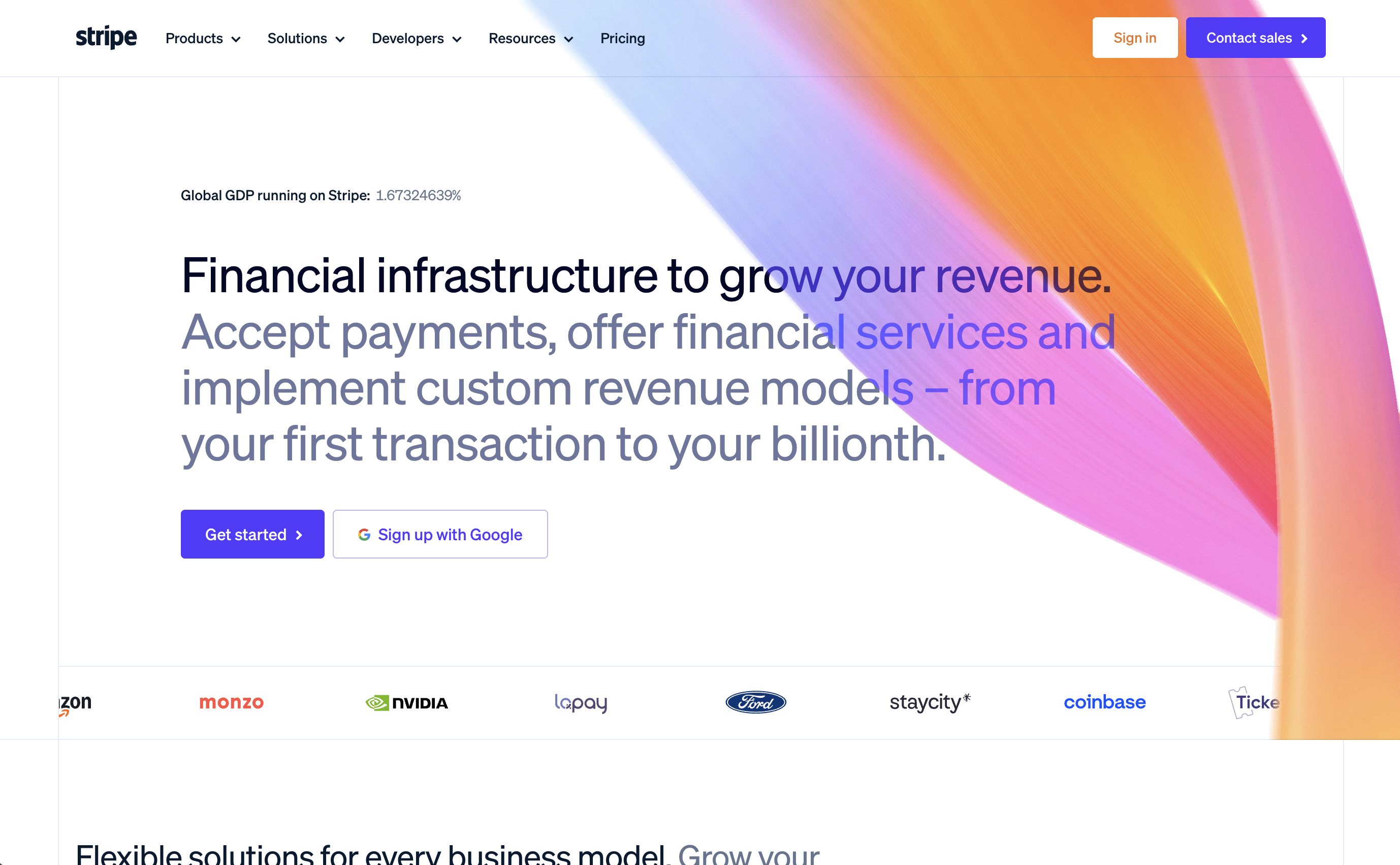 Stripe payments platform homepage hero section, gradient abstract ribbon graphic, revenue growth financial infrastructure headline, sign-up & sales contact CTAs, top site navigation, enterprise partner brand logos at bottom