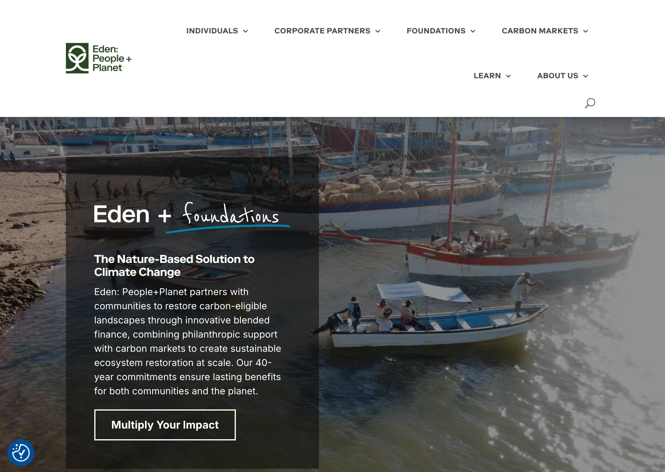 Eden Projects 主頁標題為「以自然為本的氣候變化解決方案」，導航分為個人、企業夥伴、基金會及碳買家