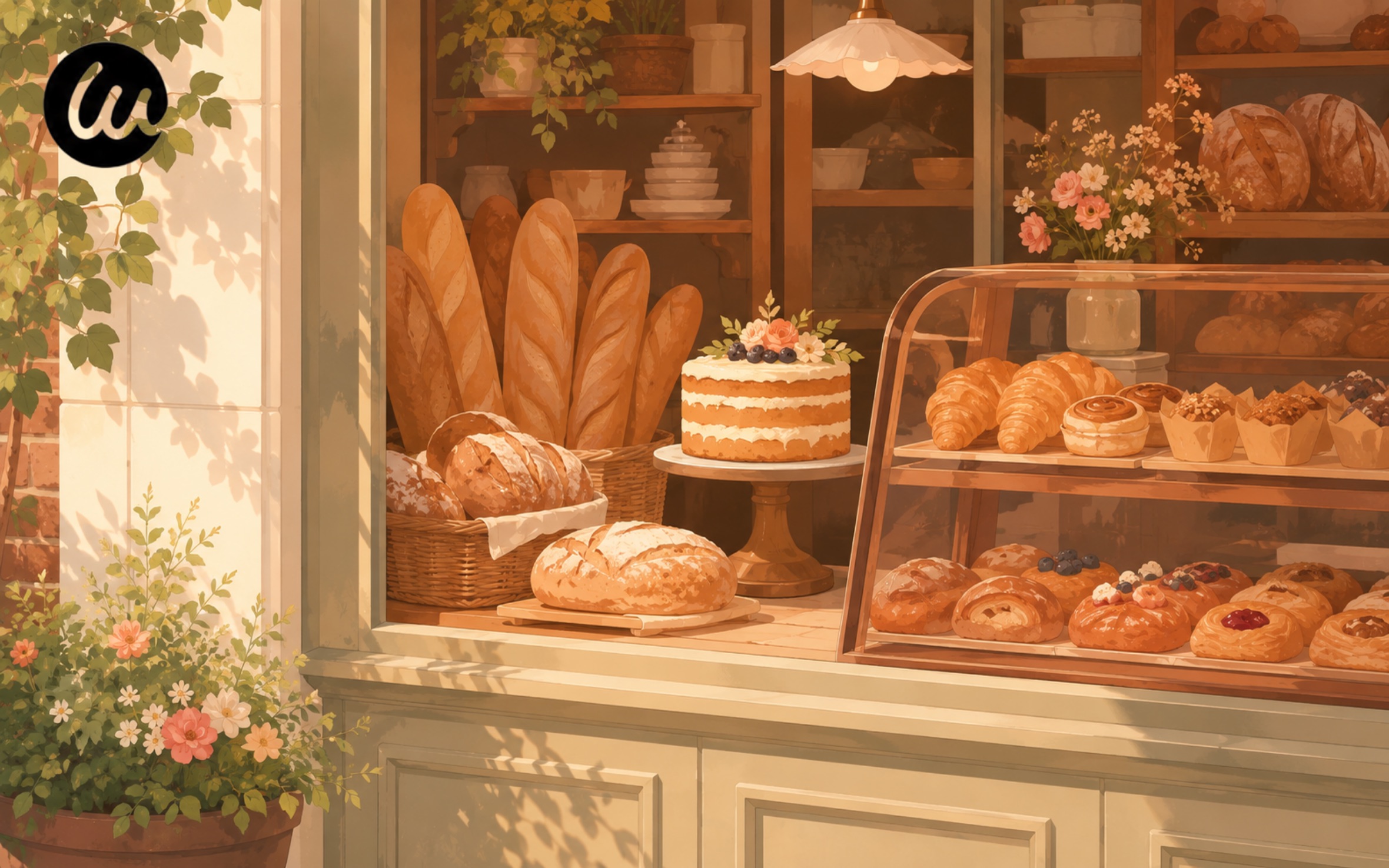 A warm, appetizing flat illustration of an artisan bakery storefront window display with stacked bread loaves