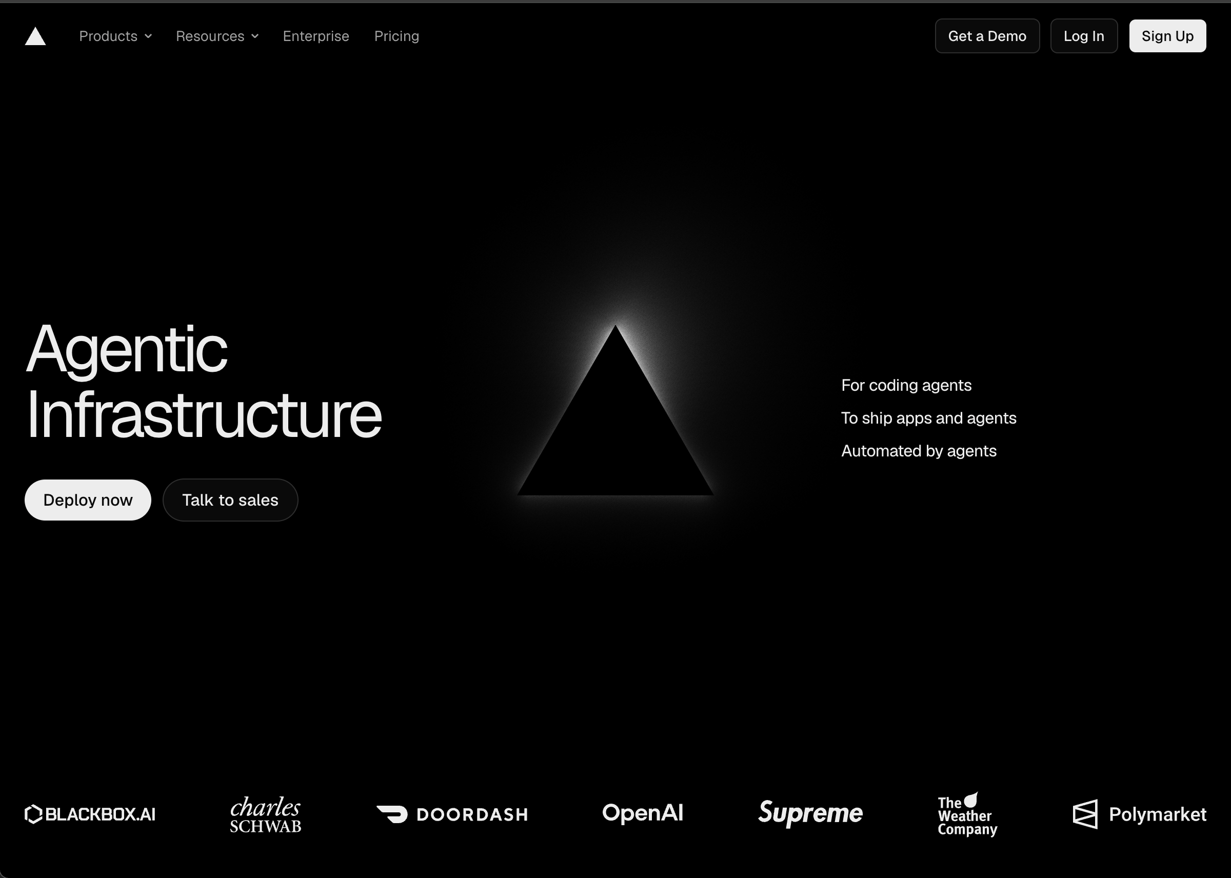 Futuristic dark theme AI agent infrastructure website hero screenshot, glowing triangle central graphic, top navigation, deploy & sales CTAs, enterprise partner logos footer strip