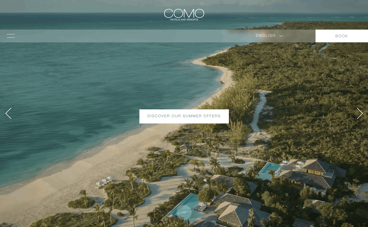 COMO Hotels and Resorts homepage hero banner, aerial tropical beach villa resort photography, minimal site navigation, summer offers promotional text overlay, booking button