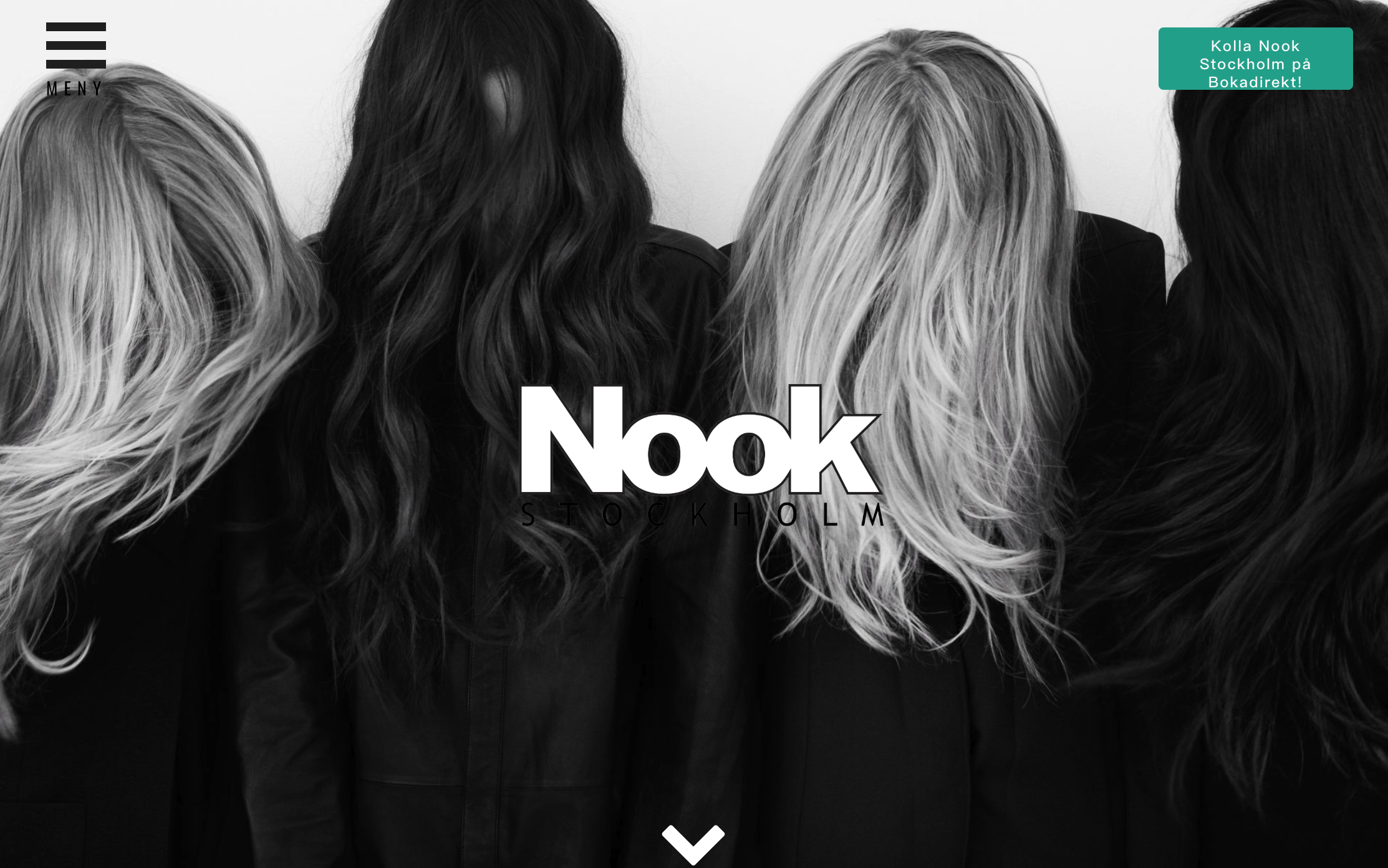 Nook Stockholm homepage showing Scandinavian-style hair styling photography and a booking link