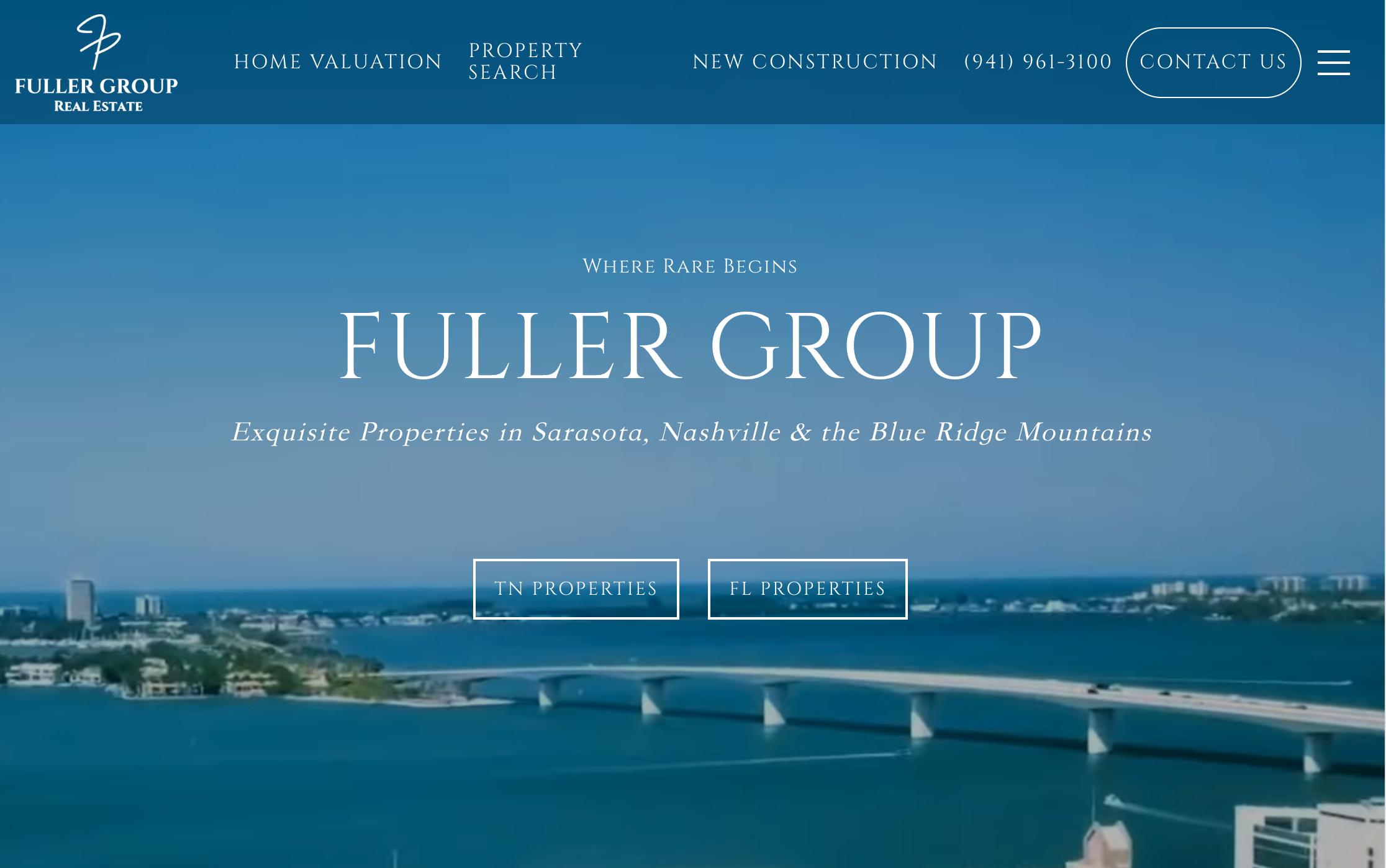 Fuller Group房地产网站首页,带有“Where Rare Begins”主标语