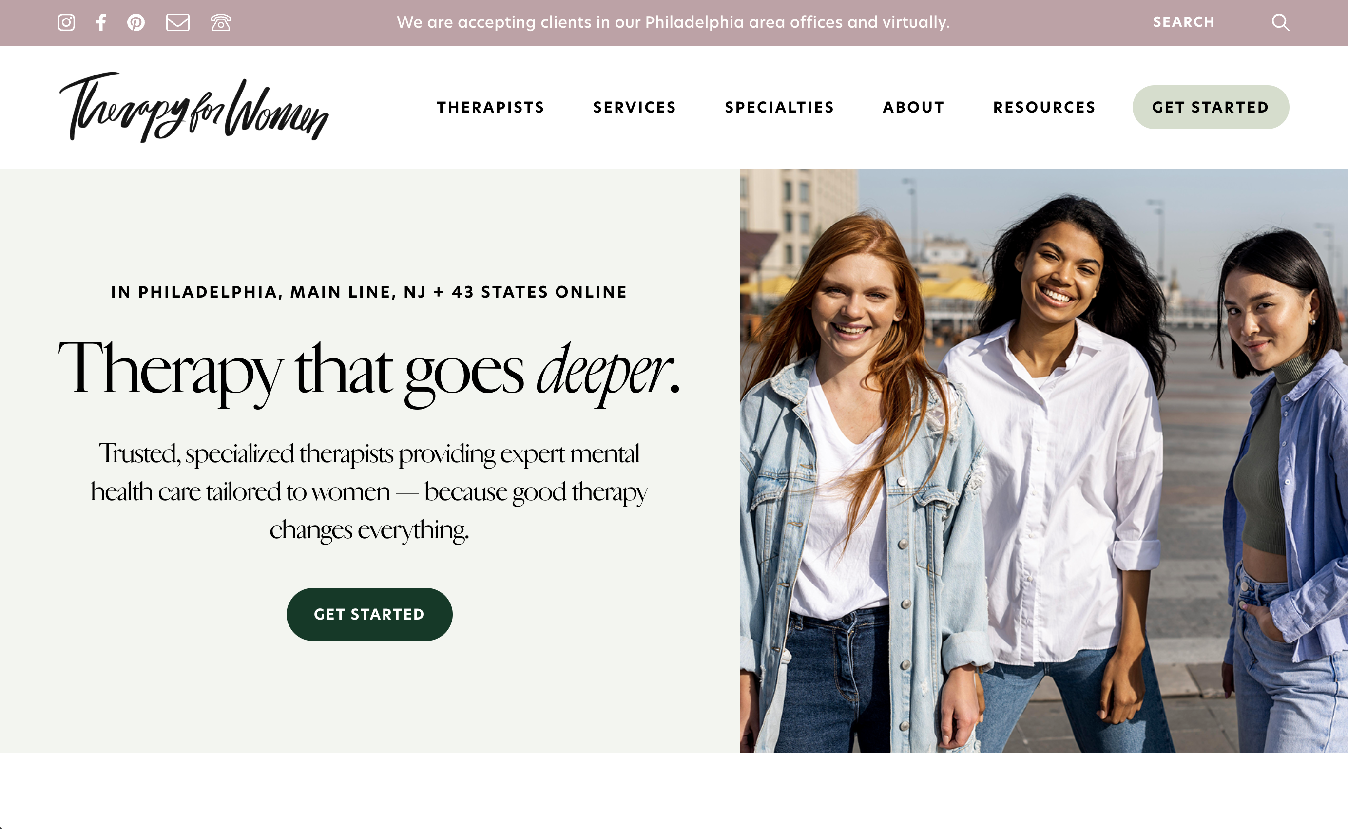 Website hero banner for Therapy for Women women’s mental health therapy practice, navigation menu, headline copy, diverse smiling women outdoor stock photo, dark green Get Started call to action button