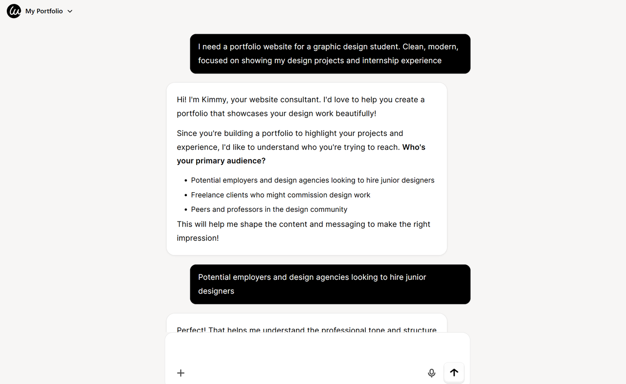Wegic AI website builder initial conversation interface for portfolio creation Wegic AI website builder initial conversation interface for portfolio creation