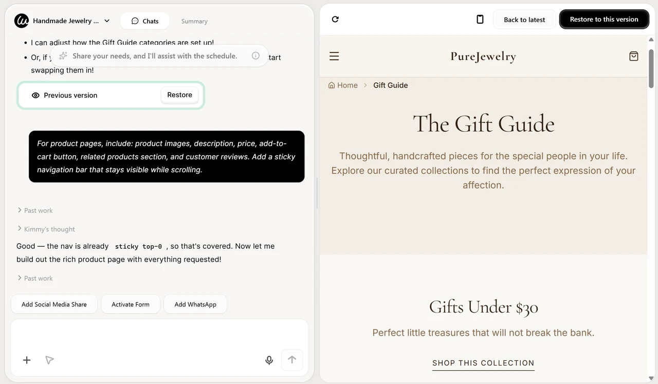 Sending prompts to Wegic AI Kimmy to customize the product page